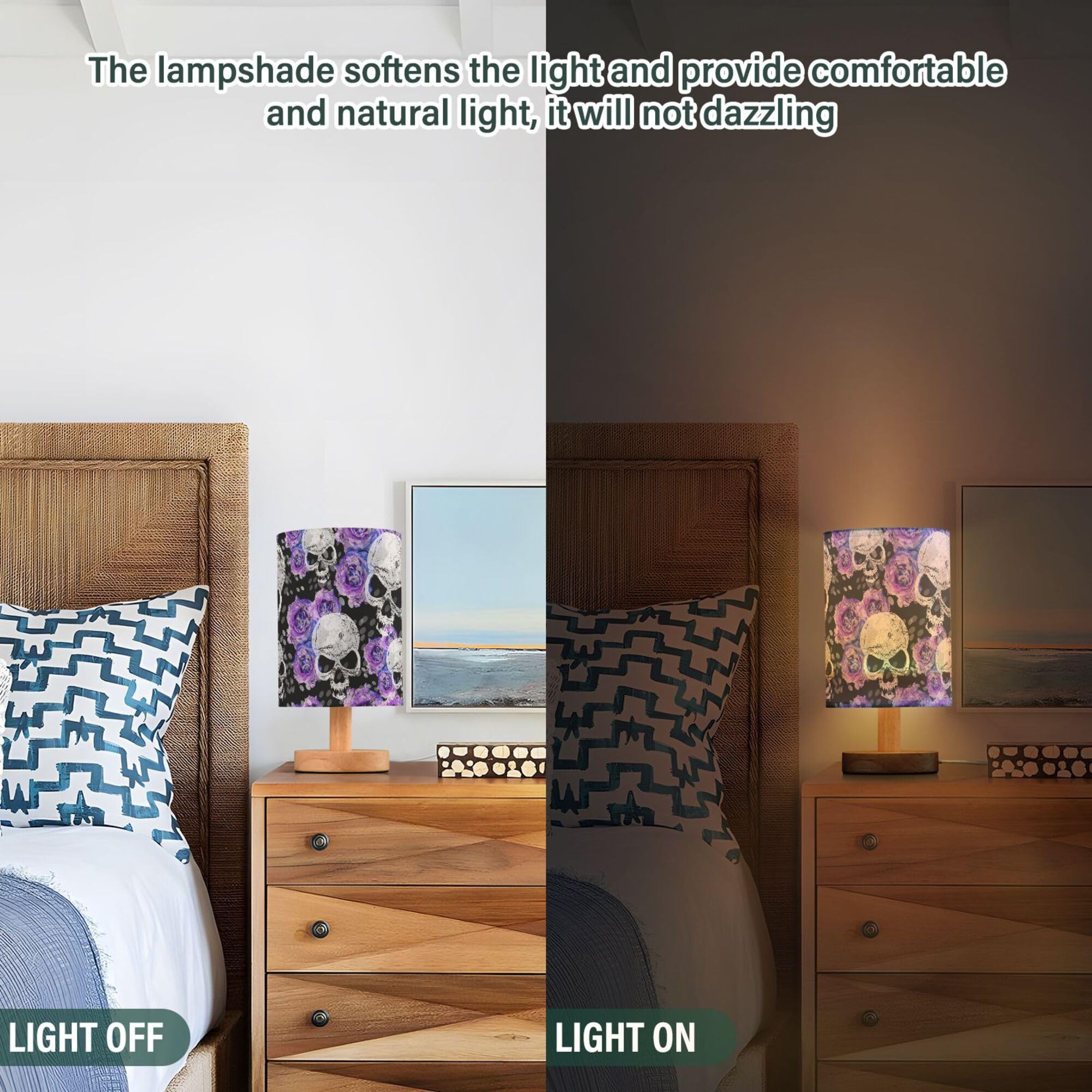 Yyzzh Table Lamp Watercolor Skull Purple Blue Rose Flower Floral Gothic Pattern Nightstand Lamp With Wood Base Fabric Lamp Shade