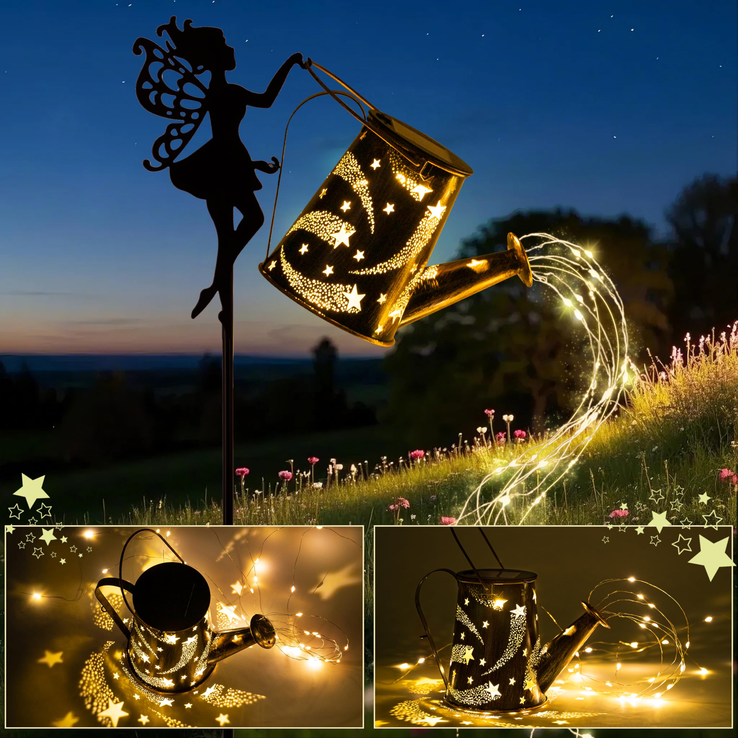Solar Lights Outdoor, Solar Watering Can Light, Solar Garden Lights Waterproof Metal Hanging Lantern, Fairy Garden Decor For Out