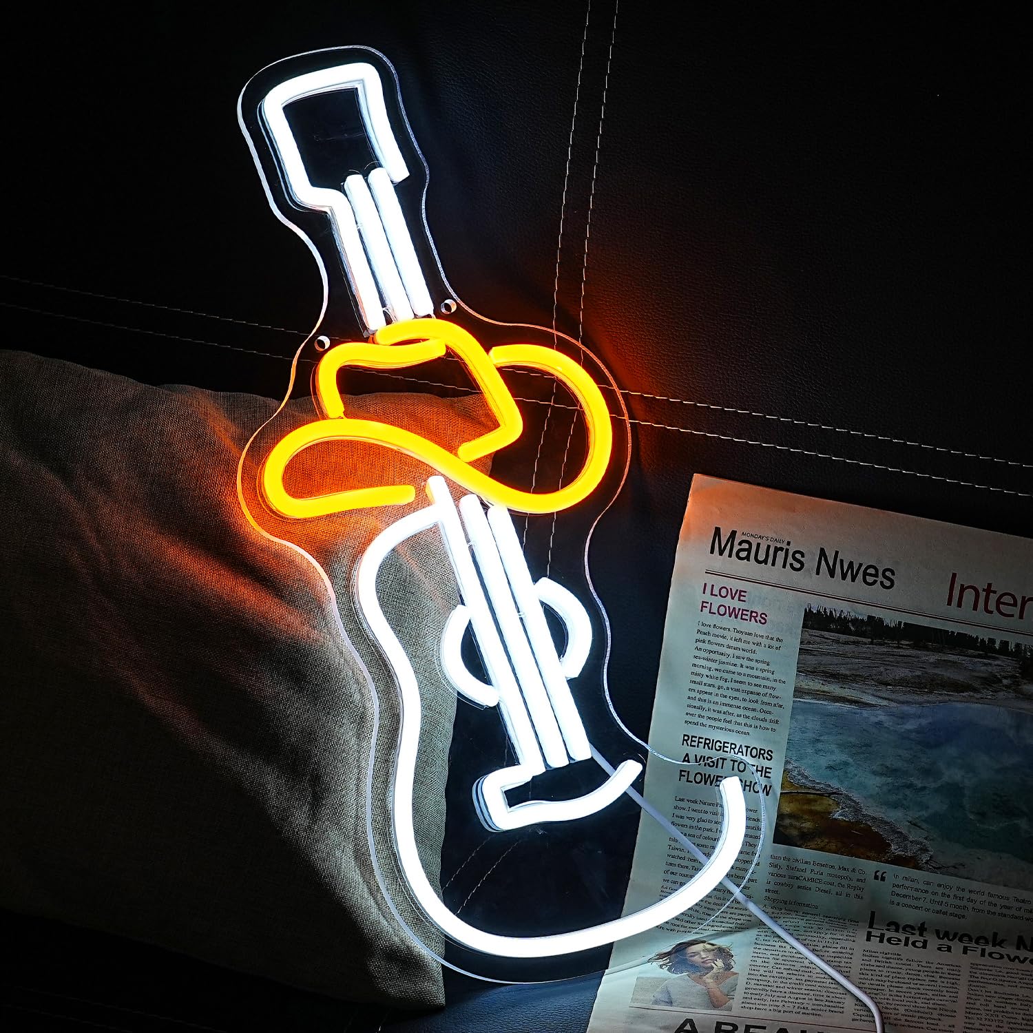 LULANMP Cowboy Hat Guitar Neon Sign, White LED Wall Decor, Size 16.9inx7.4in, Yellow Hat, Plastic Material