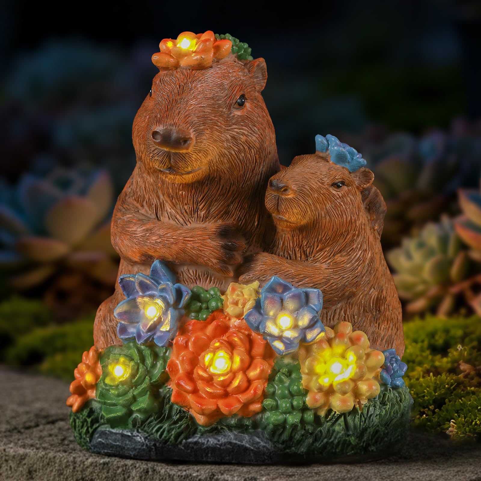 Ayadon Solar Capybara Statue Outdoor Decor,Capybara Family Figurines with LED Light for Pond Patio Gardens Lawn, Mothers Day Ho