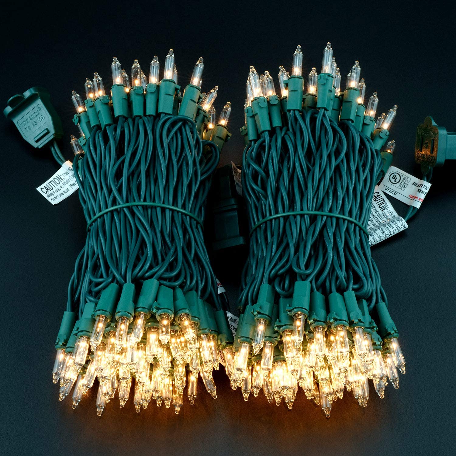 Yuletime 200 Clear Christmas Lights, Pack Of 2 Sets 33 Feet 100 Count Ul Certified Incandescent String Lights (Clear - Green Wire)