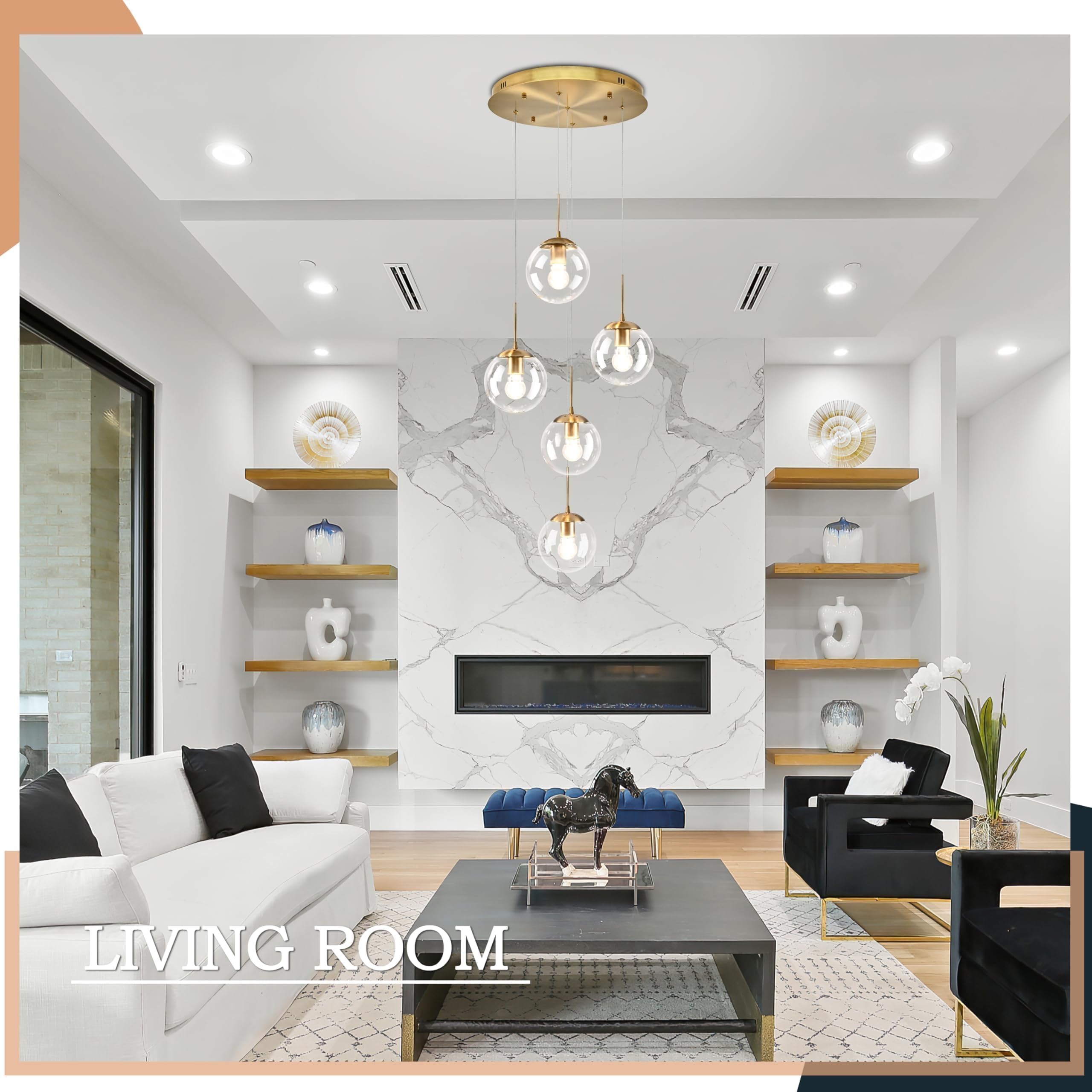 Koko&Yukina 5-Light Globe Glass Pendant Light Adjustable Length Pendant Lights Modern Gold Clear Globe Glass Chandelier High Cei