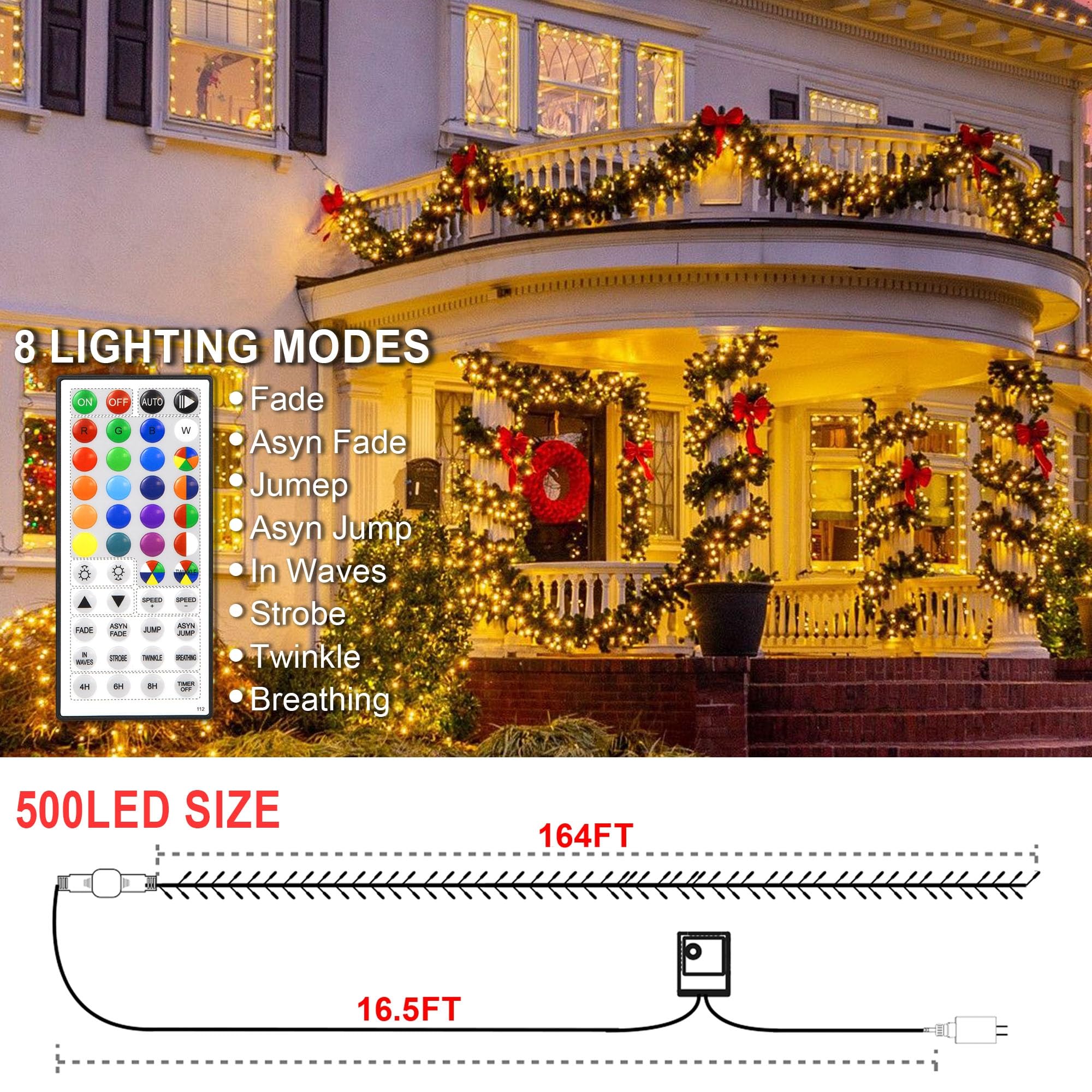 164 Ft 500 Led Christmas String Lights, Waterproof Rgb String Lights With Remote Control& Timer Function, 24 Colors Changing Fai