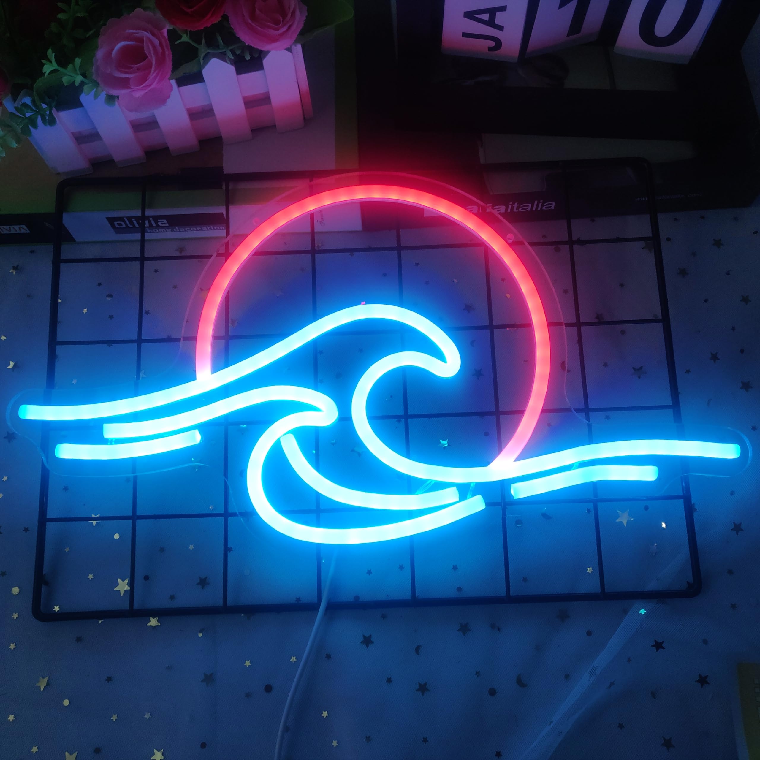 GMMLLG Neon Sign - Dimmable Wave Design, Tropical Decor, Ice Blue & Red, Acrylic Material, for Bedroom, Living Room, Office, and Parties