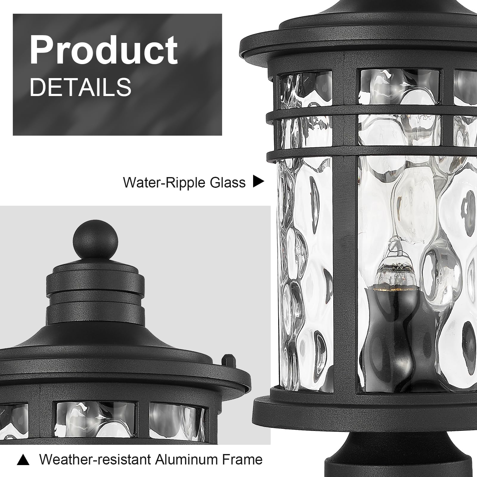 Darkaway Aluminum Outdoor Post Lights, Water Ripple Glass, Medium 2-Pack, Black, Model 6X20P-2PK BK+WG