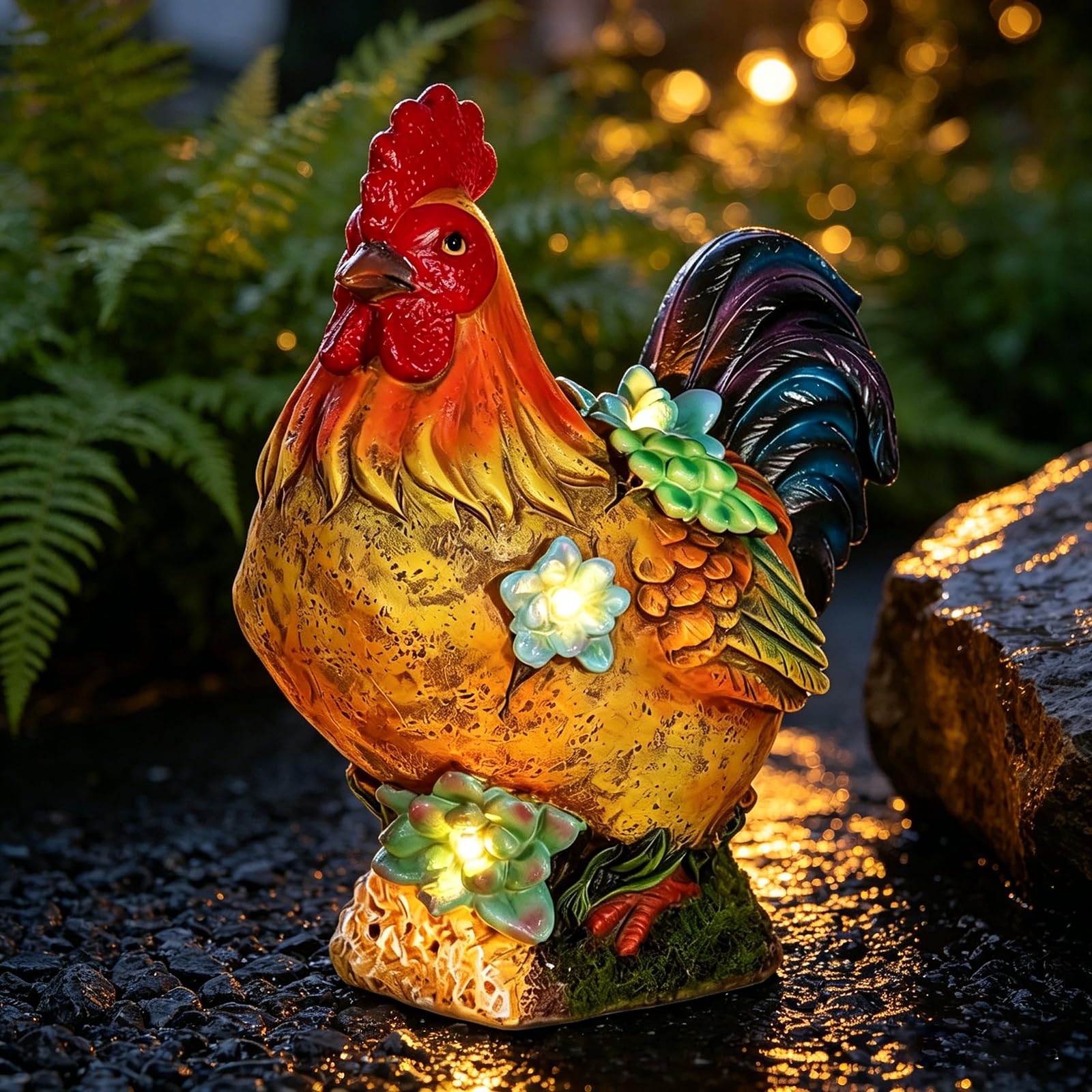 Solar Garden Statues Colorful Rooster and LED Lights Birthday Gifts for Women Mom Grandma Solar Outdoor Cat Decor for Outside,Ou