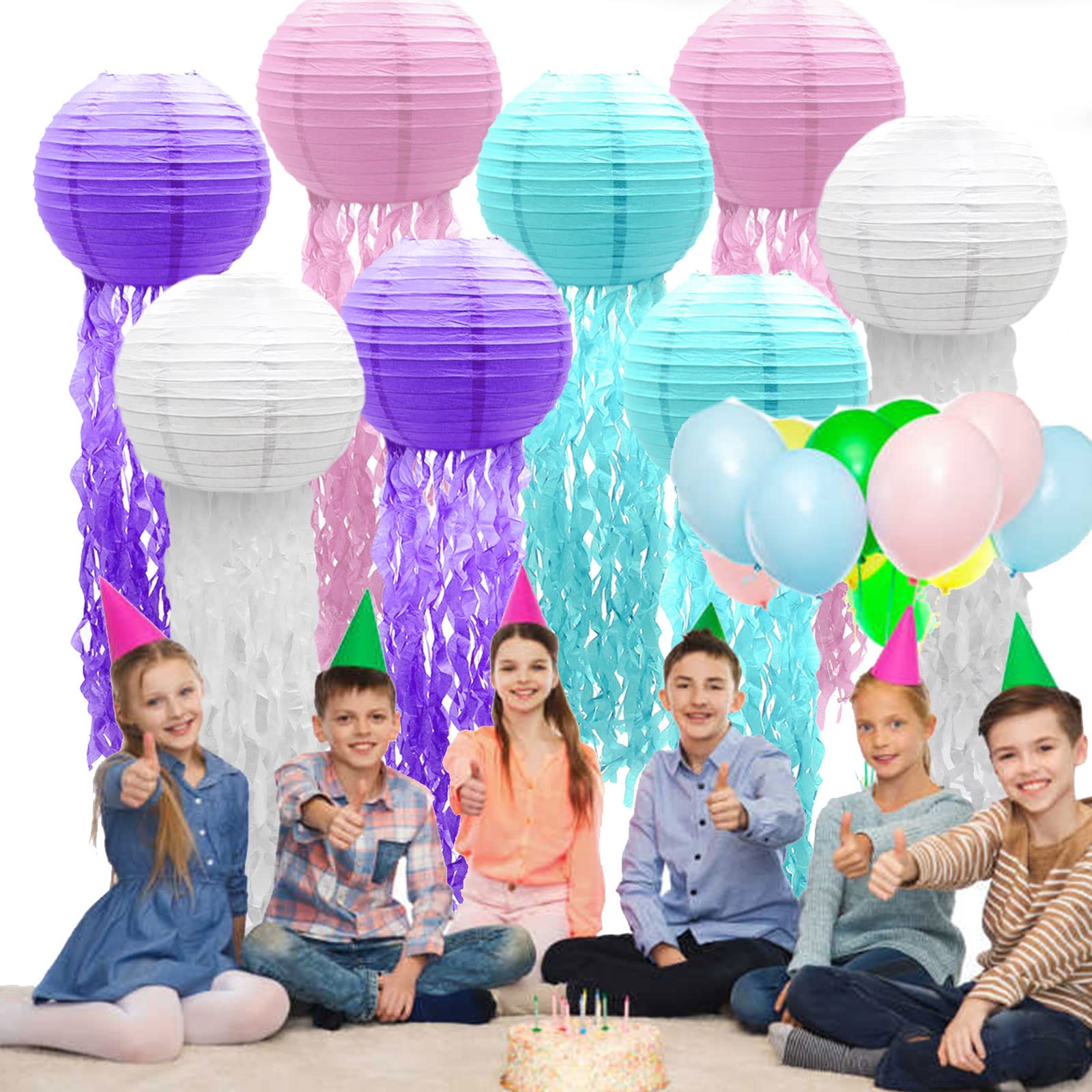 6Pcs Jelly Fish Paper Lanterns For Mermaid Theme Party Wedding Kids Birthday Baby Shower Party Ocean Mermaid Themed Party Jellyfish Decorations (Pure Color)