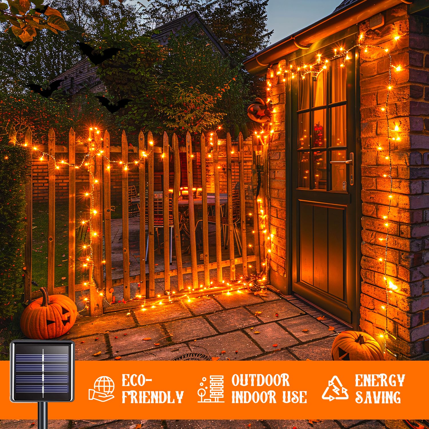 JMEXSUSS Solar Halloween Lights, 100 LED, 33ft, Waterproof, 8 Modes, Orange, Model EXS-S-0100, 2 Pack