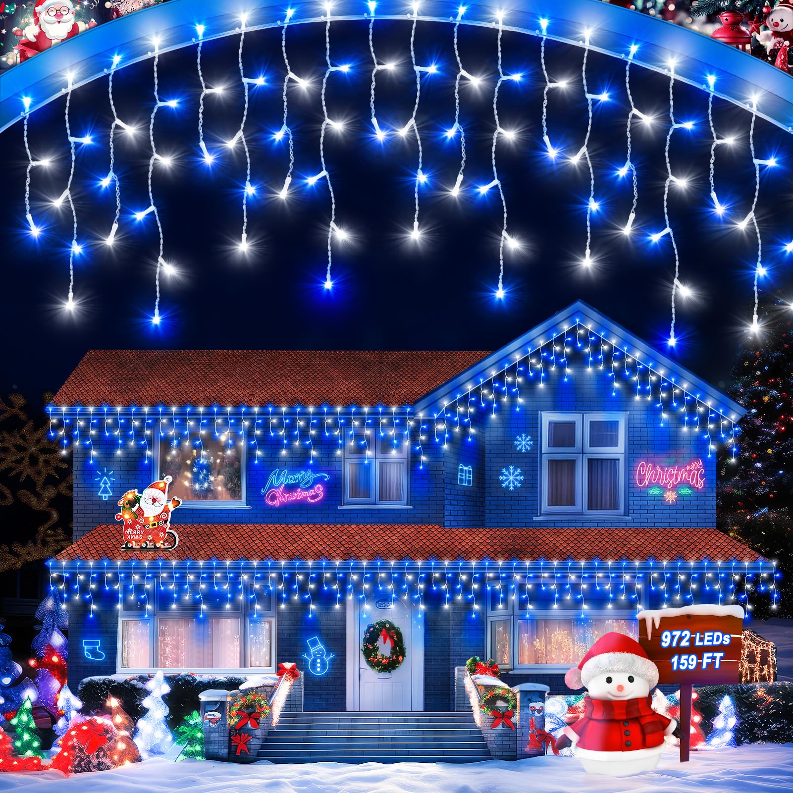 JIXXULVU 106 FT Christmas Lights Outdoor  972 LED Waterproof Outside Christmas Lights Plug in  Connectable 8 Modes Hanging Fairy Lights with 216 Drops for House Eaves Yard Patio Blue and White