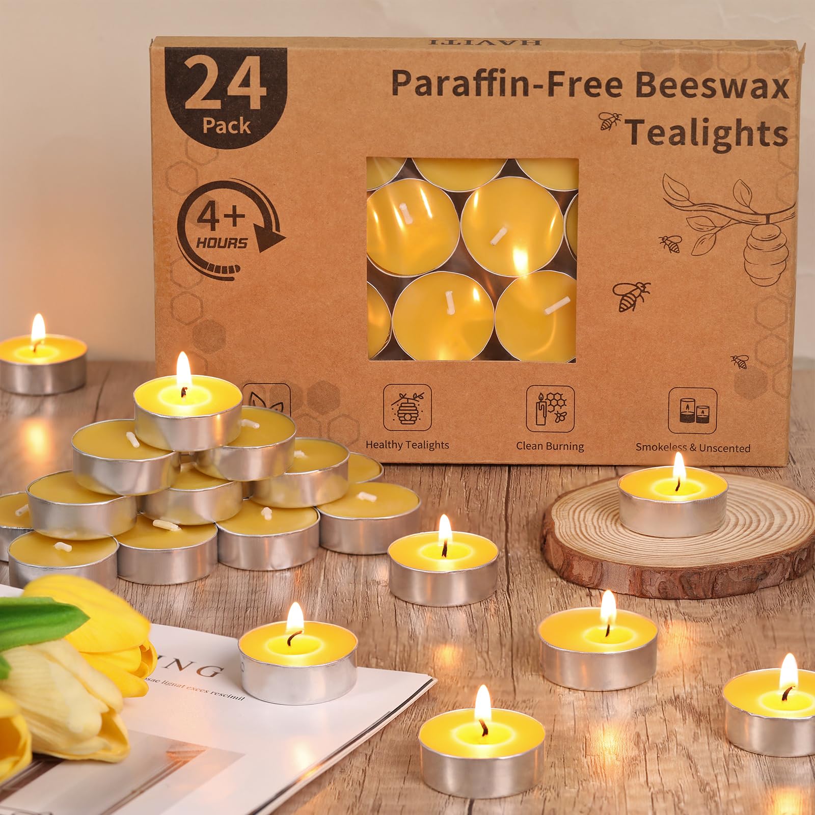 24 Packs Beeswax Tealight Candles, Pure Beeswax Tea Lights Candle, Natural Organic Tealights Candles Unscented Smokeless Clean B