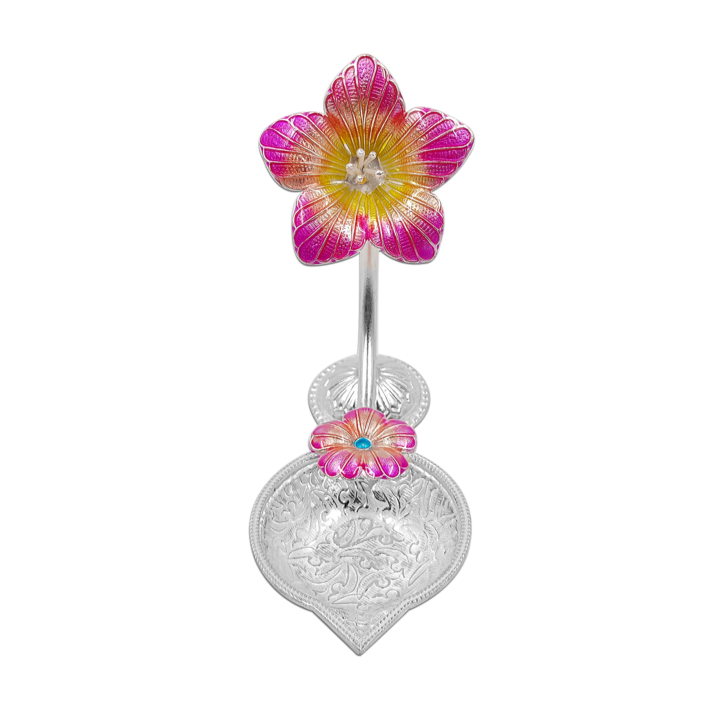 MAA SILVER Pure Silver Diya/Lamp/Deepak with Pink Hibiscus/Jaswanti Flower Design Perfect for Gift and Pooja Use (65 Purity)(27