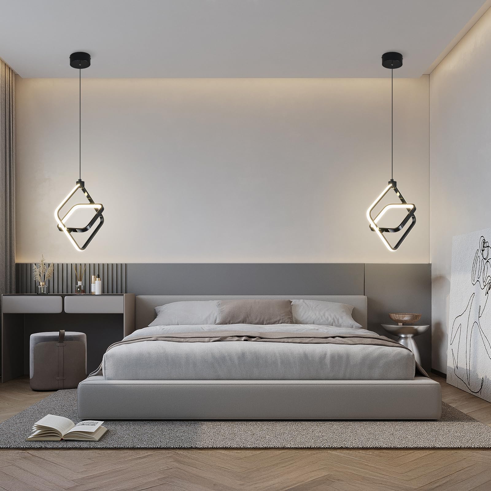 Bnhhlz Modern Led Pendant Lights Plated Black Rectangular Pendant Light Fixtures 4000K 20W Dimmable Pendant Lighting For Dining Room Kitchen Island Bedroom Living Room Foyer(3-Pack)