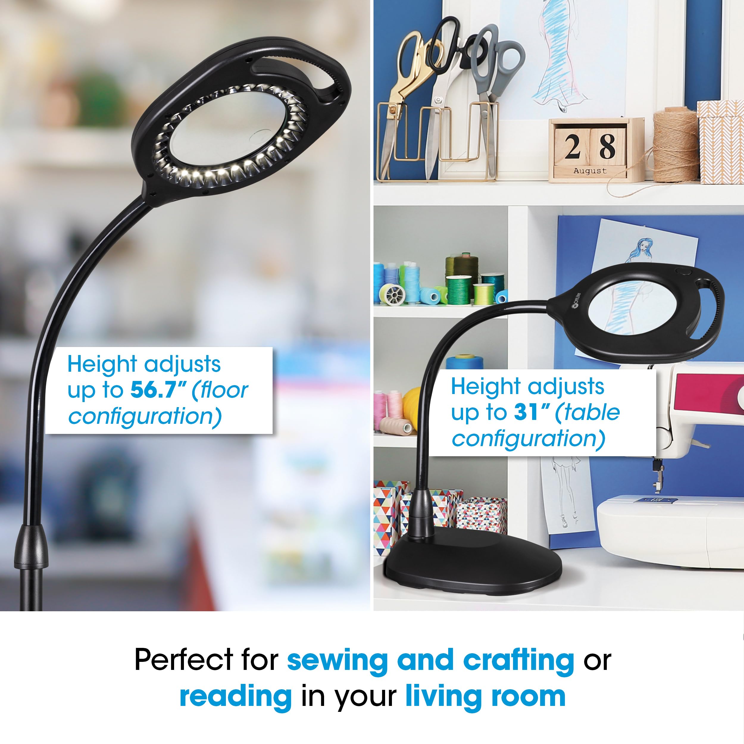 Ottlite 2-In-1 Clearsun Led Magnifier Light Floor And Table Lamp - Optical Grade Hands-Free Magnifying Led Light, Modern Design