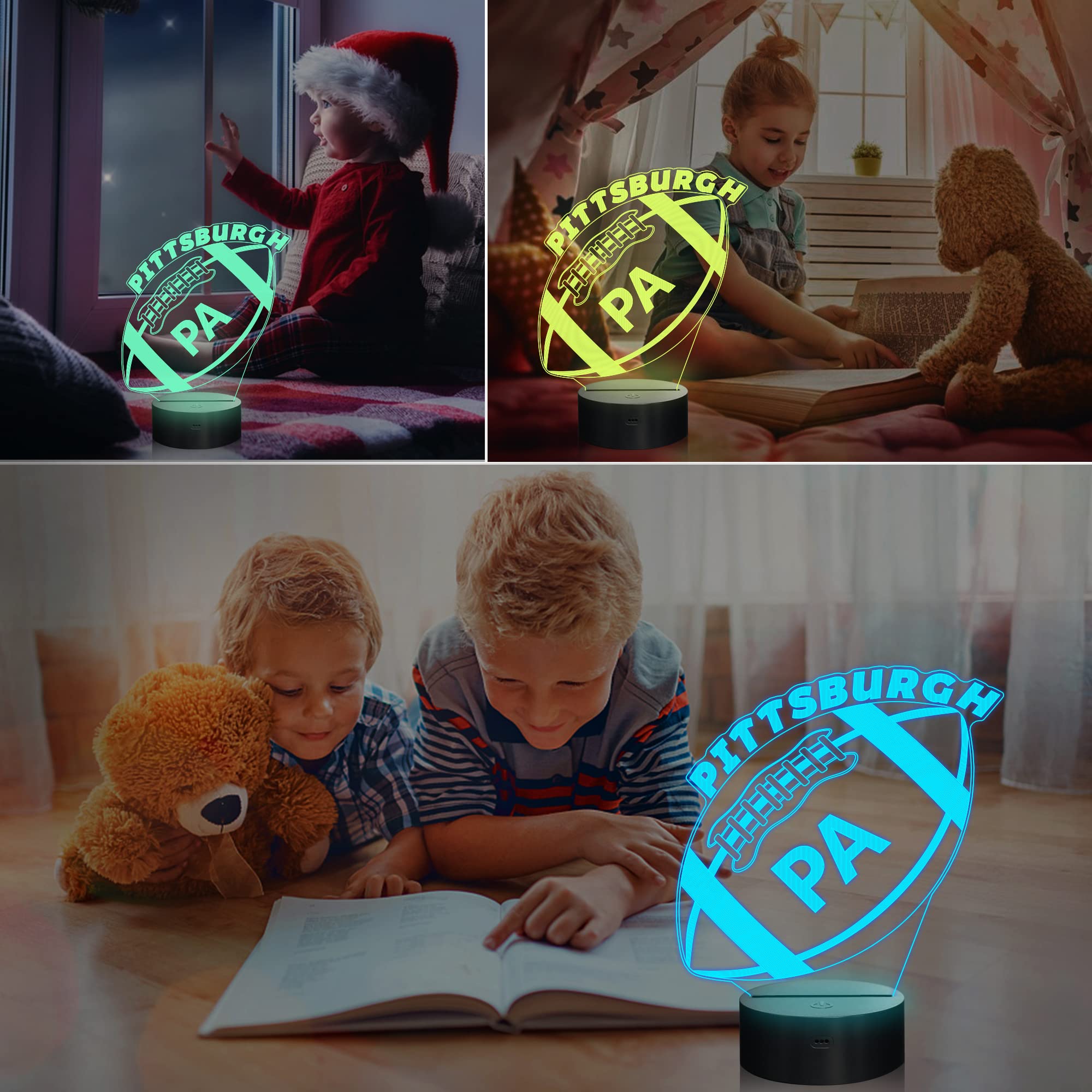 3D Football Pittsburgh Night Light, Football Gifts, 3D Illusion Light Boy Gift 16 Colors Changing Remote Control Children'S Room