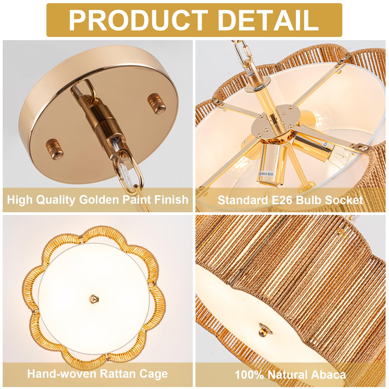 Tbaoinla Plum Linear Weave Rattan Ceiling Light & Chandelier (16.5'' 4-Light) Flush Mount Flush E26 & 3D Woven Fireproof Pc Pane