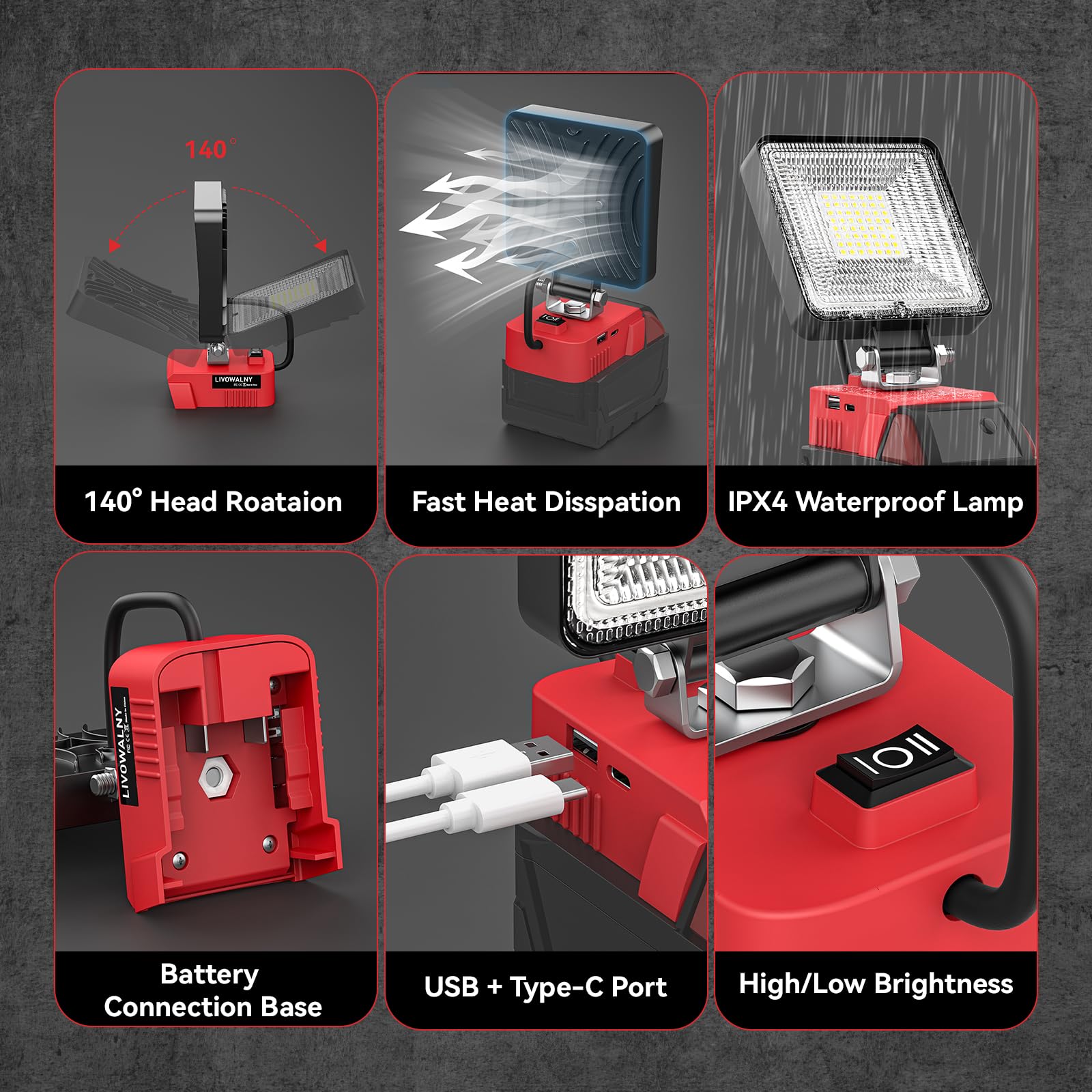 2 Pcs Cordless Led Work Light For Milwaukee 18V Battery, 60W 6000Lm Battery Light For Milwaukee 18V Tools, Portable Flood Light