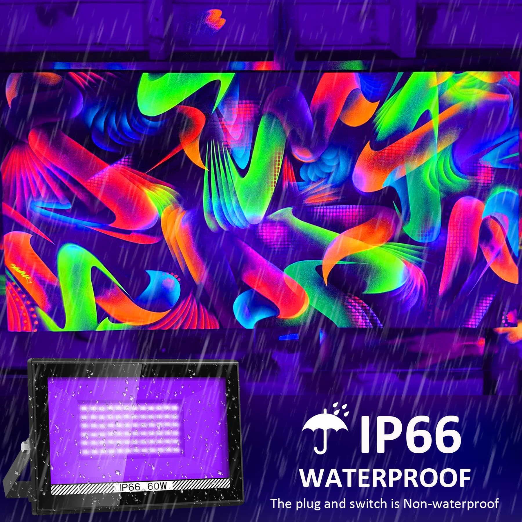 Crepow 60W Black Lights, 2 Pack Led Blacklight Flood Light With Plug, Ip66 Waterproof Black Lights For Glow Party, Stage Lightin