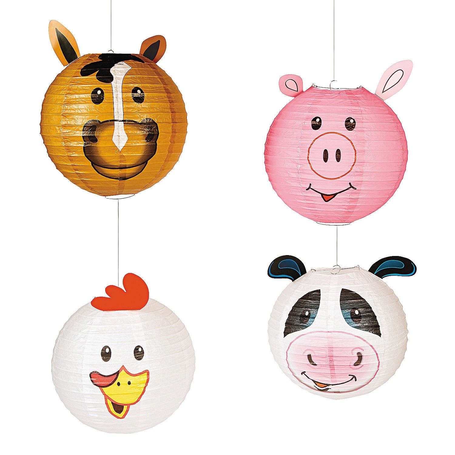 Fun Express Farm Party Animal Hanging Lanterns Set ·12·Multicolor Paper Lanterns ·Chicken, Cow, Pig, Horse ·4-Piece
