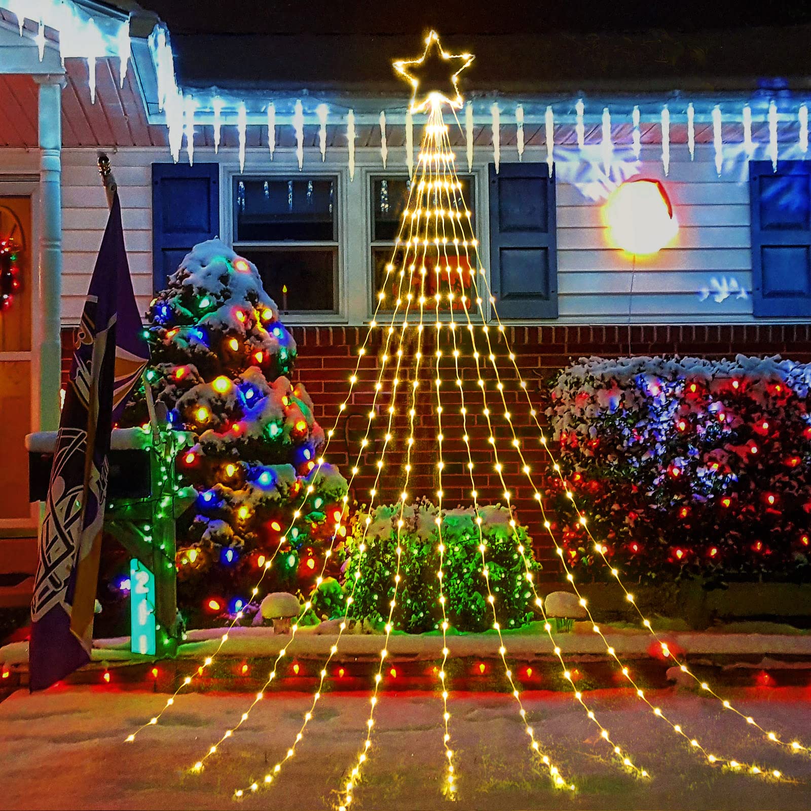 Christmas Decorations Star String Lights - 344 LED 11.8ft 9 Strands Waterfall Tree Lights with Topper Star, 8 Lighting Modes Chr