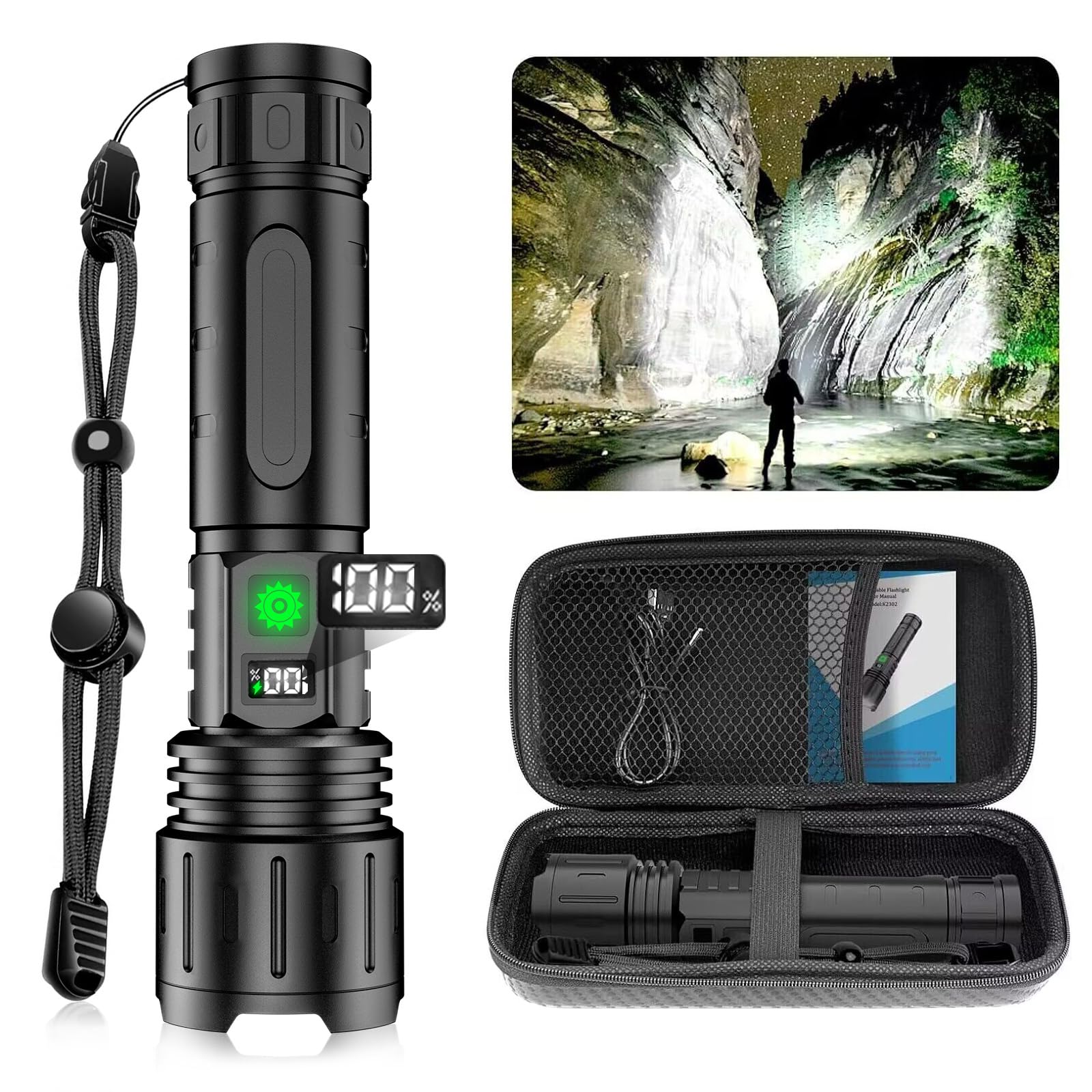 MOREVAC Rechargeable LED Flashlight, 5 Modes, 1500 Meters, Waterproof, Black, Model K2302-1-2, 1 Pack with Storage Bag