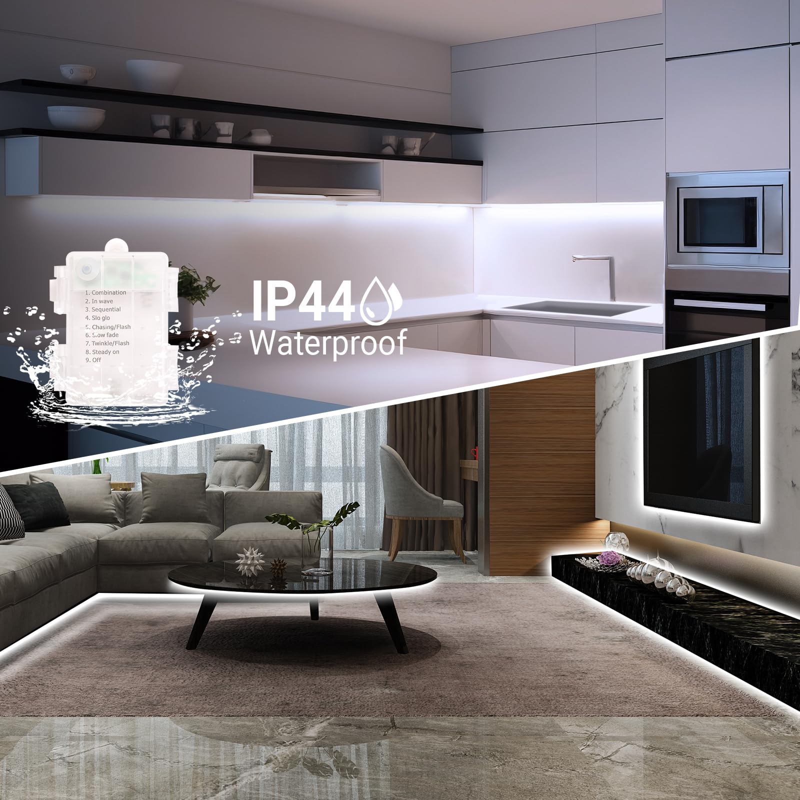 Battery Powered Strip Lights White With Remote, 3.3Ft Led Strip Light With 8 Modes, Dimmable, Timer, Self-Adhesive, Cuttable, Wa