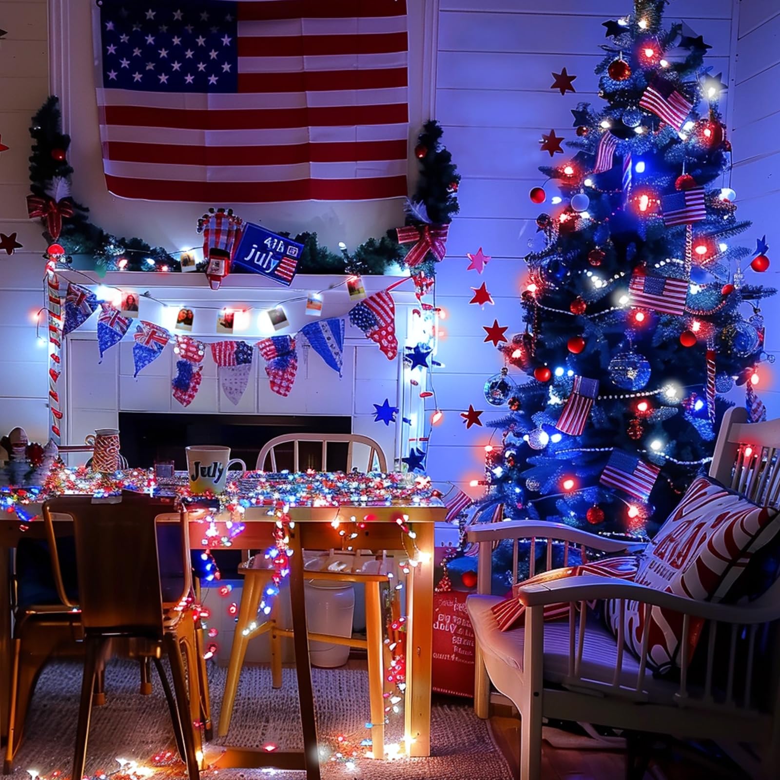 4Th Of July Lights Red-White-Blue Decorations - 100 Led 50 Photo Clips String Lights Holder 33Ft Starry Fairy Lights Hanging Pictures Cards Memos Usb Powered&Switch Bedroom Dorm Christmas Decor Tree
