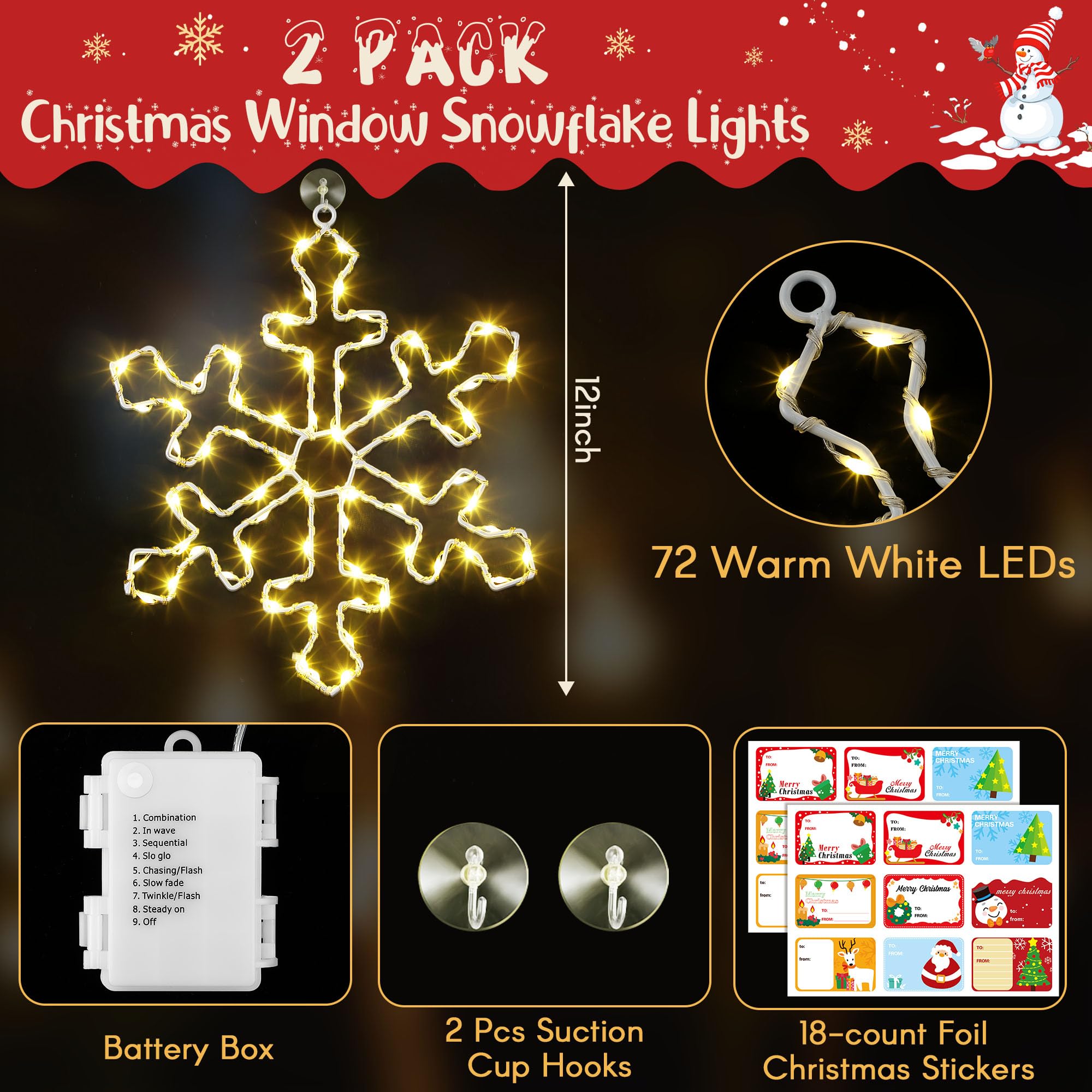 Hiboom 2 Pack Christmas Window Silhouette Lights, 70 LEDs Snowflake Light 12 Inch Snowflake Lighted Decorations Battery Powered