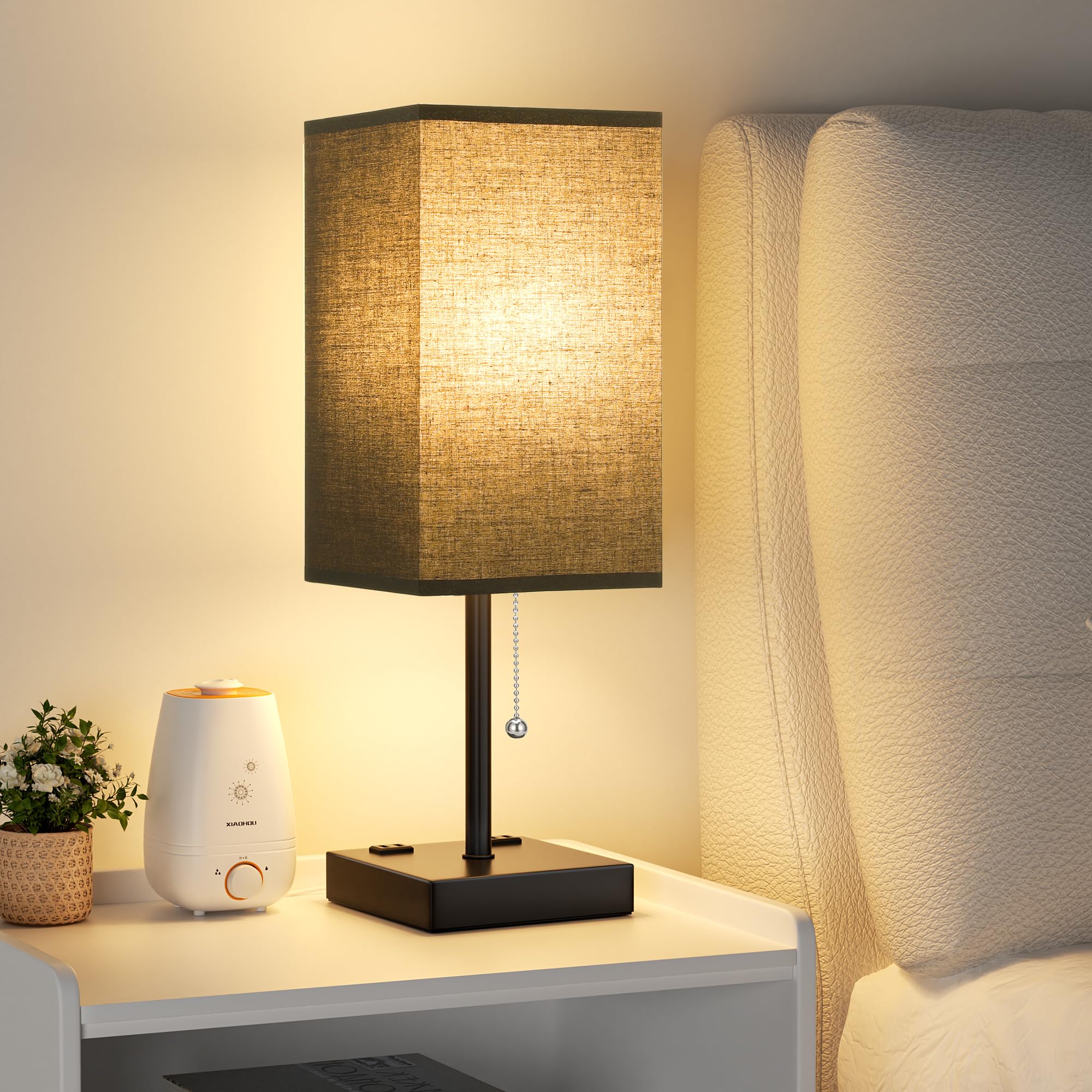 aooshine Black Table Lamp for Bedroom - 3 Color Temperature 3000K 5000K 4000K Bedside Lamp, Pull Chain Control, USB A and C Ports, AC Outlets, Bulb Included, Medium