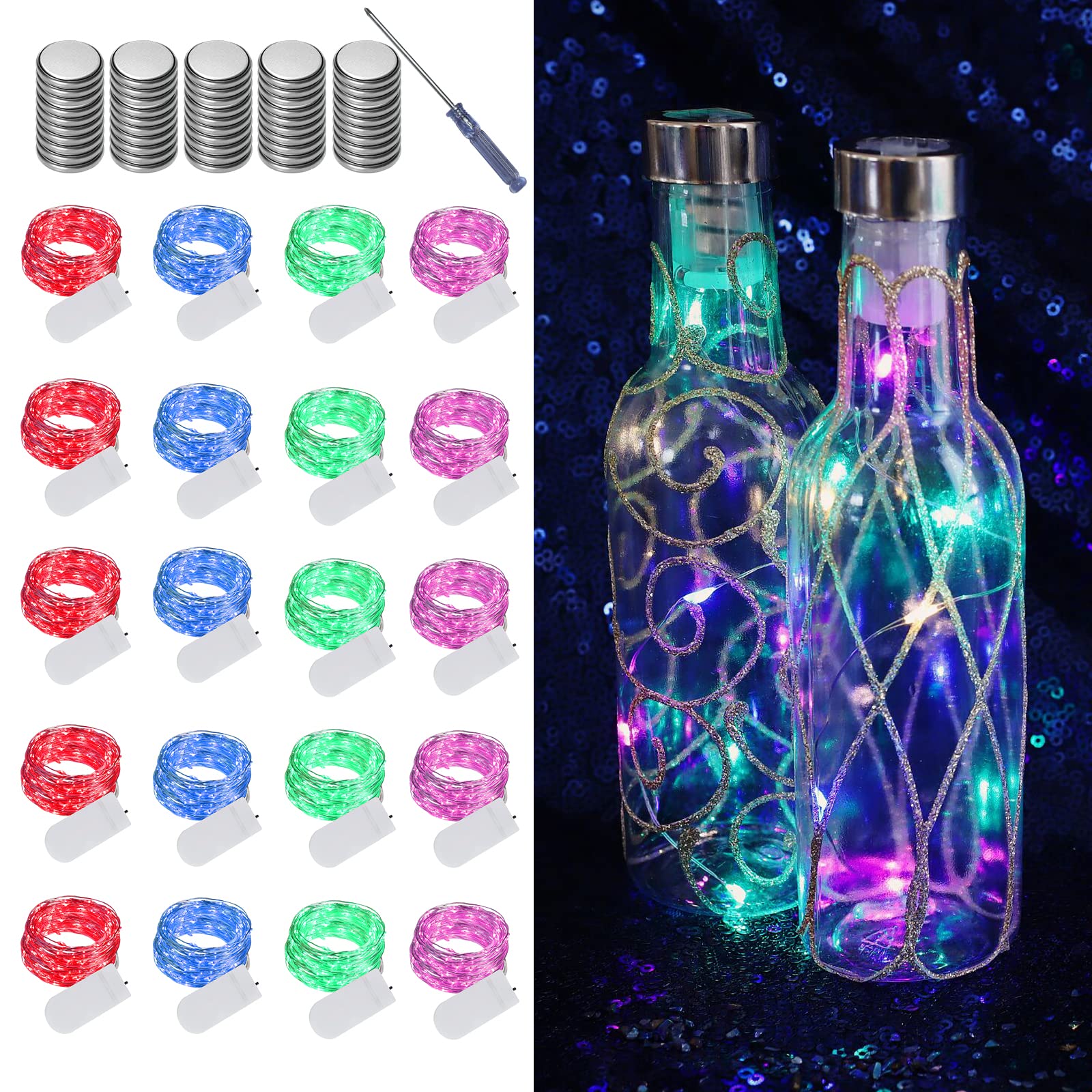 LAMPHOME 20 Pack Fairy Lights Battery Operated String Lights, 20 LED on 6.6FT Silvery Copper Wire, Firefly Fairy String Lights for Mason Jar Christmas Decoration(Bule x5, Pink x5, RED x5,Green x5)