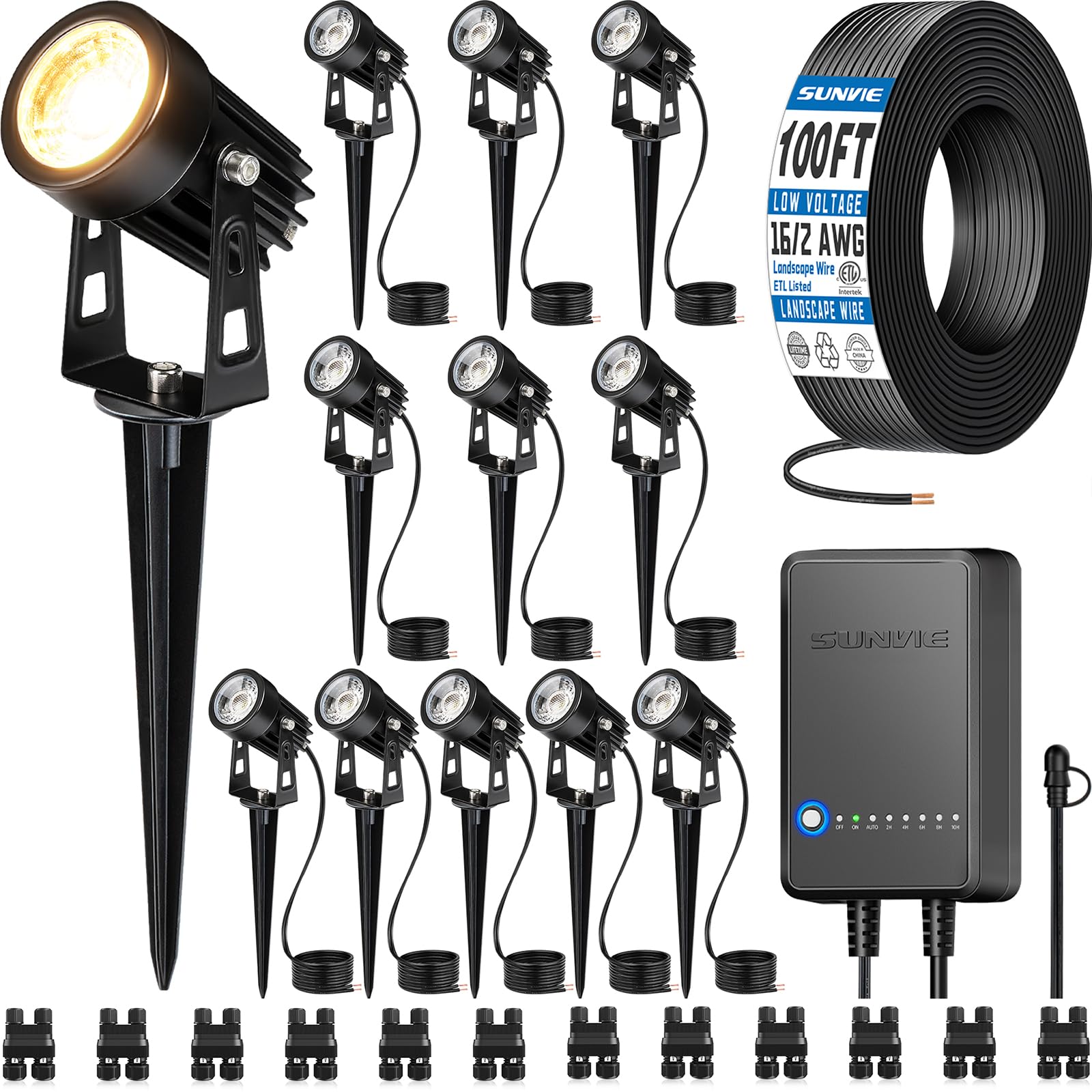 SUNVIE All-in-One LED Landscape Lighting Kit, 12-Pack, 3000K, Black, Model KTWW12SA, Includes Transformer and 100FT Wire