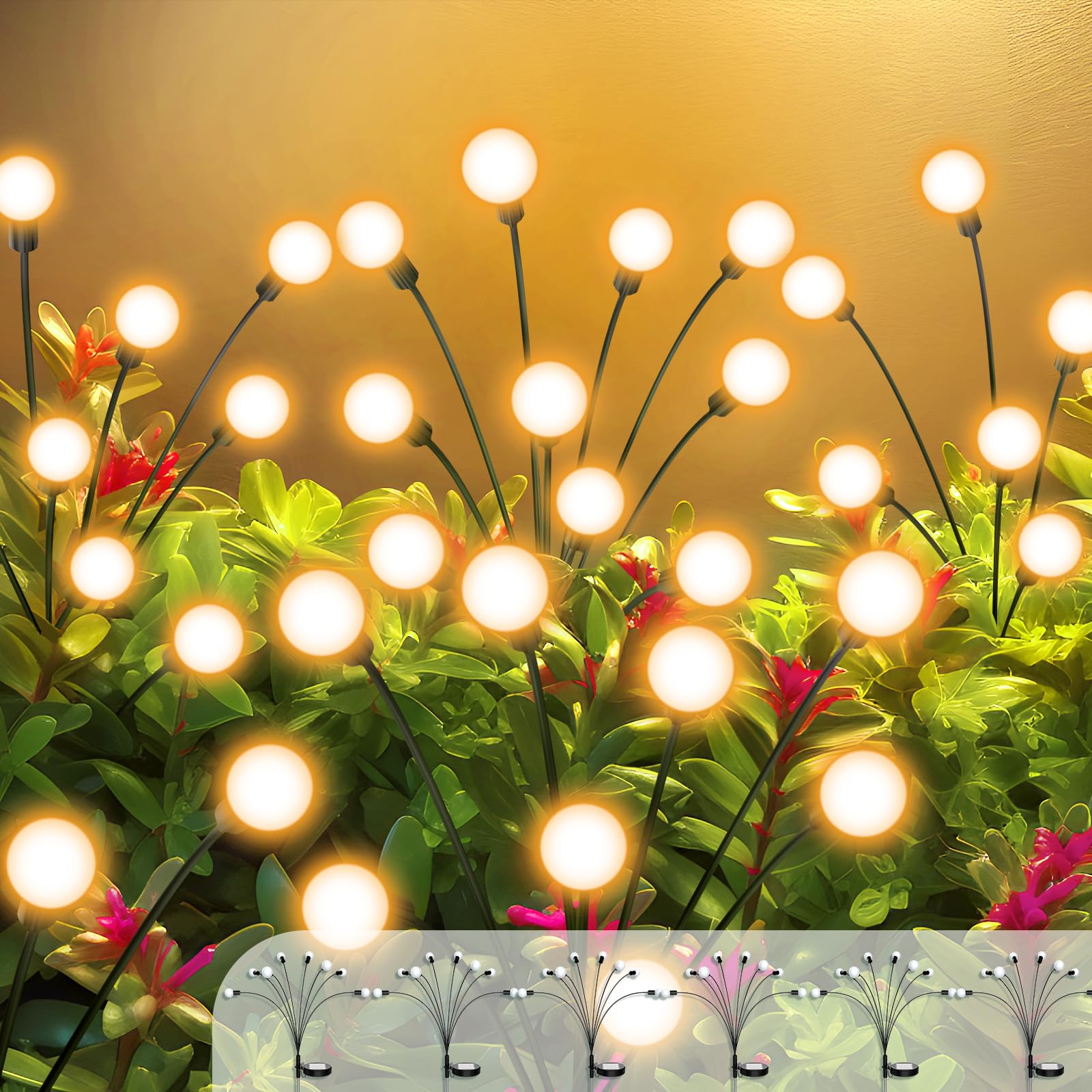 ULAIYO Solar Garden Lights, 8 LED Waterproof Firefly Lights, Warm White, 6 Pack, Model ULAIYO6, Flexible Starburst Design