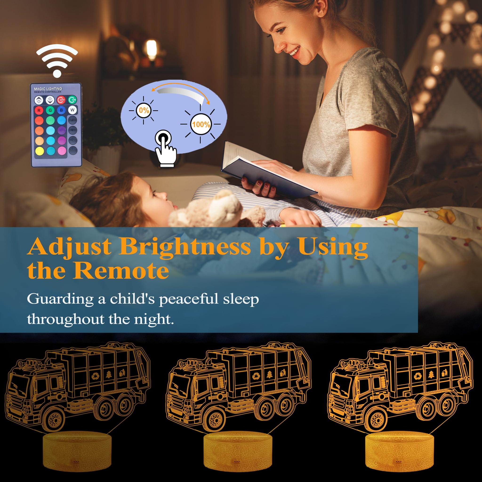 POSSHE 3D Garbage Truck Night Light with Remote Control, 16 Colors, Kids Room Decoration, Model MY-3D LAMP-CRACK