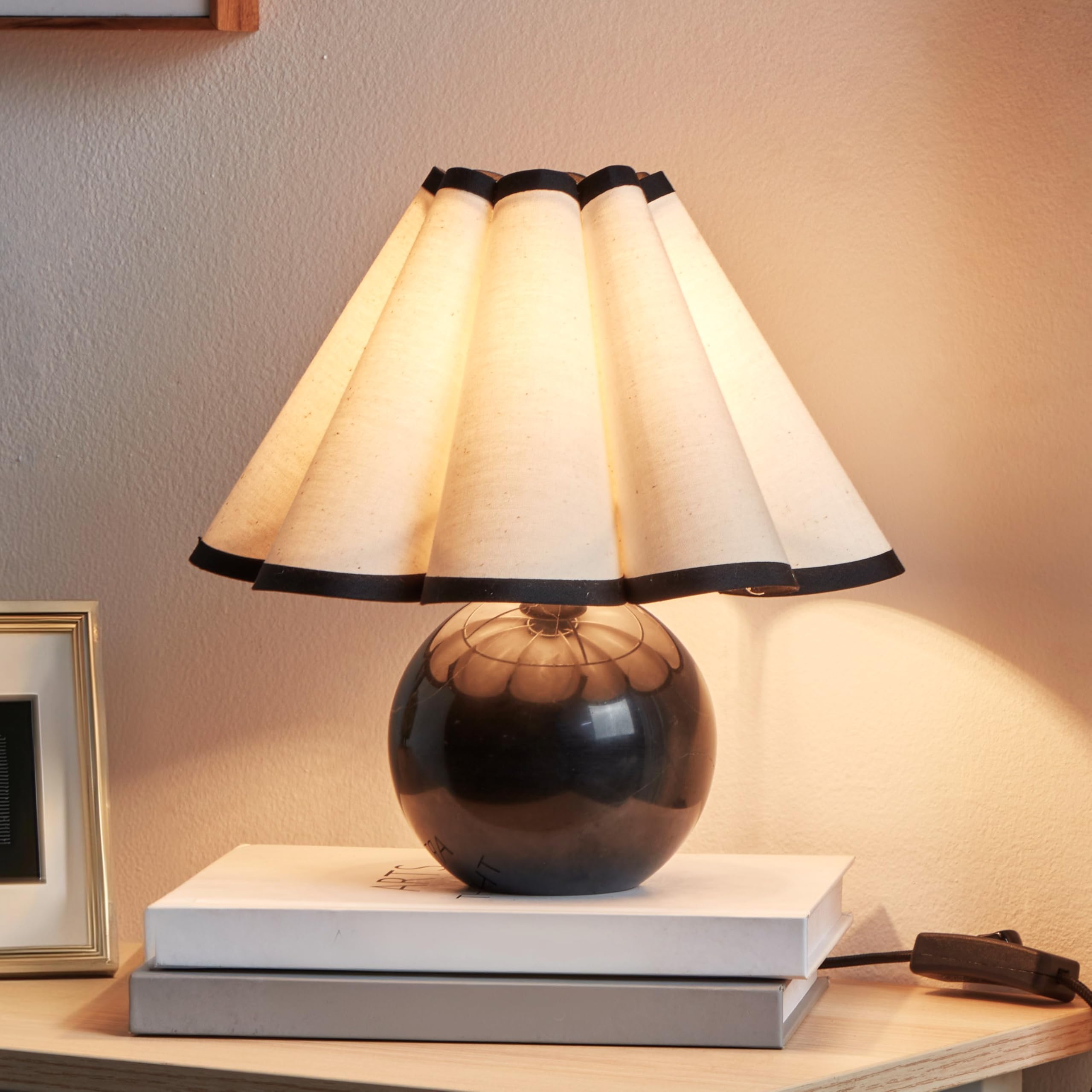Brightech Blair 10 Table Lamp - Small Modern Black Lamp with Round Natural Marble Base  Art-Deco Pleated Shade for Bedroom  Nightstand  Side Table - Mini Warm White Night Light for Desk  Living Room