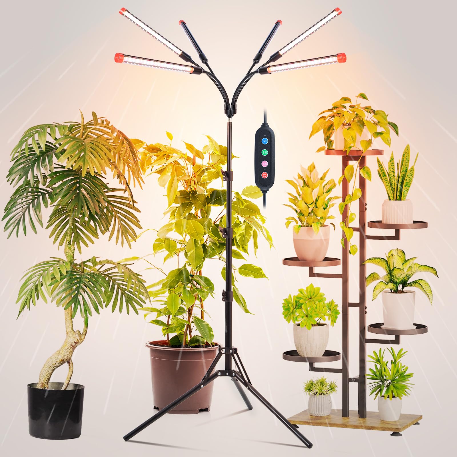 FRGROW 6-Head Grow Lights for Indoor Plants, 54W Full Spectrum, Auto Timer, Tripod Stand, Black, Model ZH_GL_RH