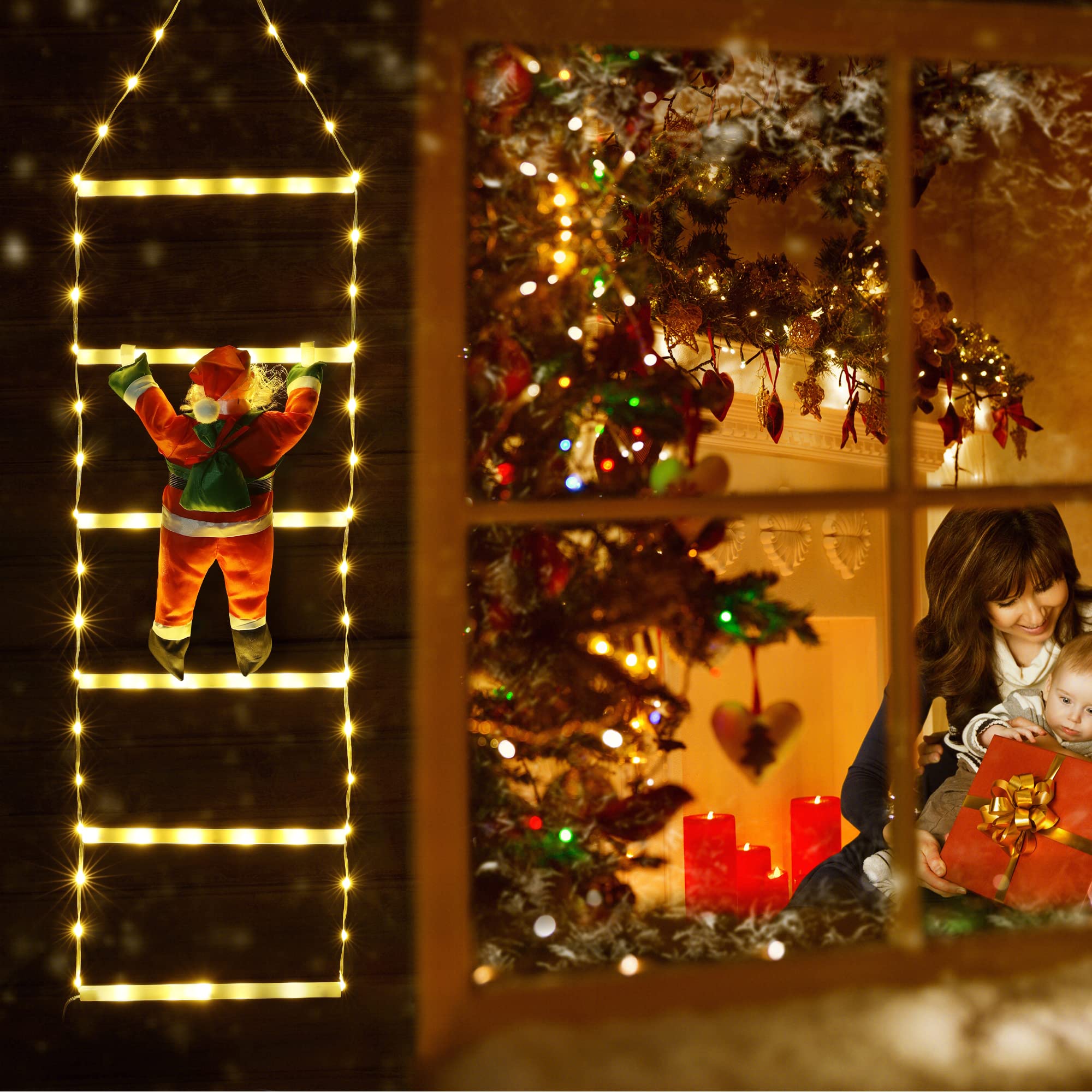Joedoes LED Ladder Lights with Climbing Santa, 2.5ft Warm White Christmas Decor, 8 Modes for Holiday Home Wall Window