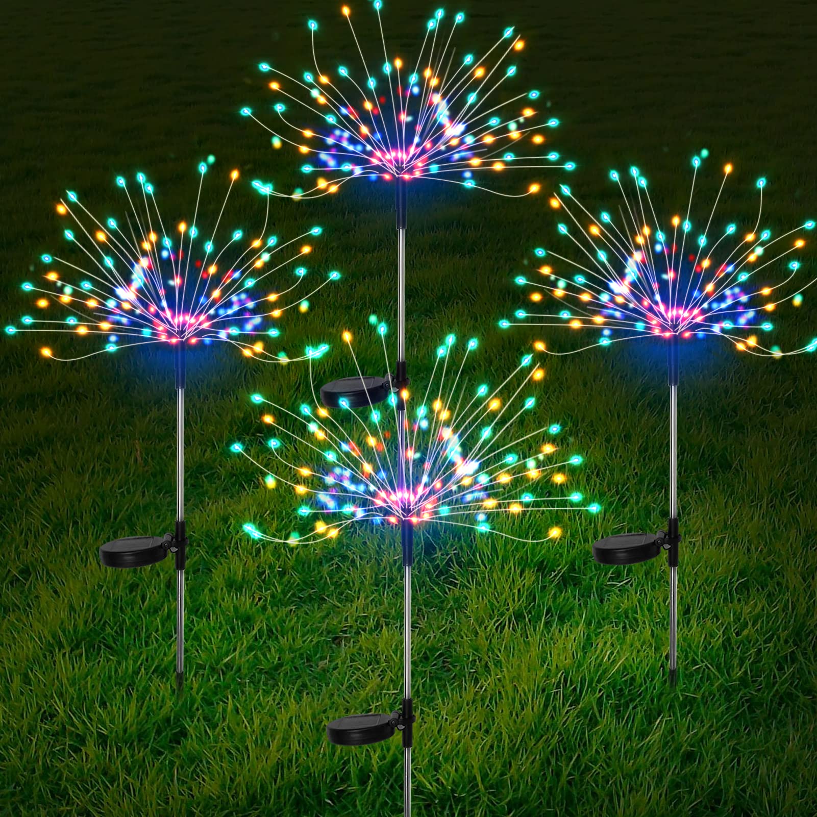 FOOING 4 Pcs Solar Garden Lights Solar Firework Lights Waterproof  120 LED String Light 2 Modes Twinkling Fairy Nightlight for Garden  Wedding  Party  Patio  Yard  Landscape Decoration (Colorful)