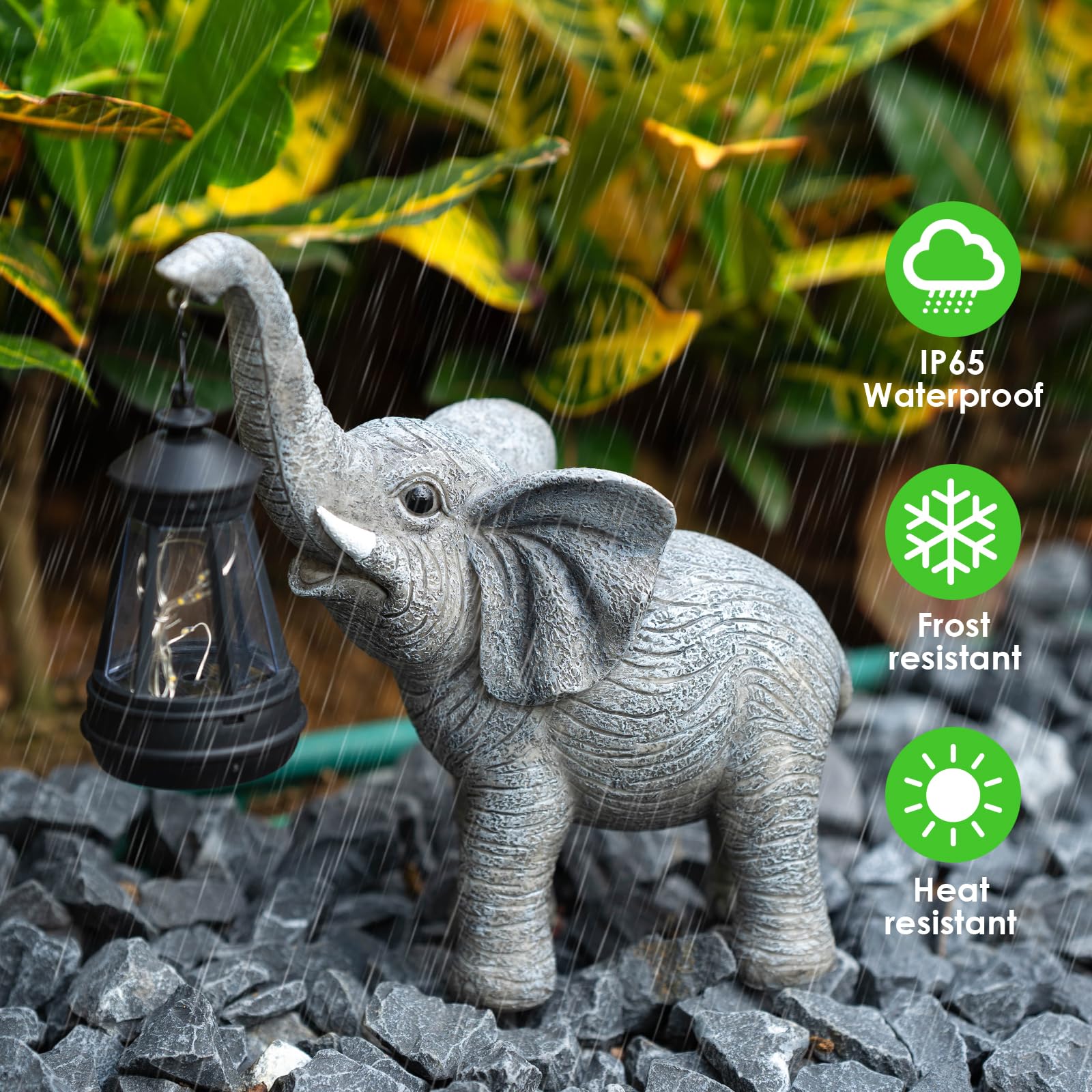 Candieslife Solar Garden Statue Lights Elephants Figurine With Solar Lantern, Outdoor Yard Decorations For Patio Porch Home, Chr