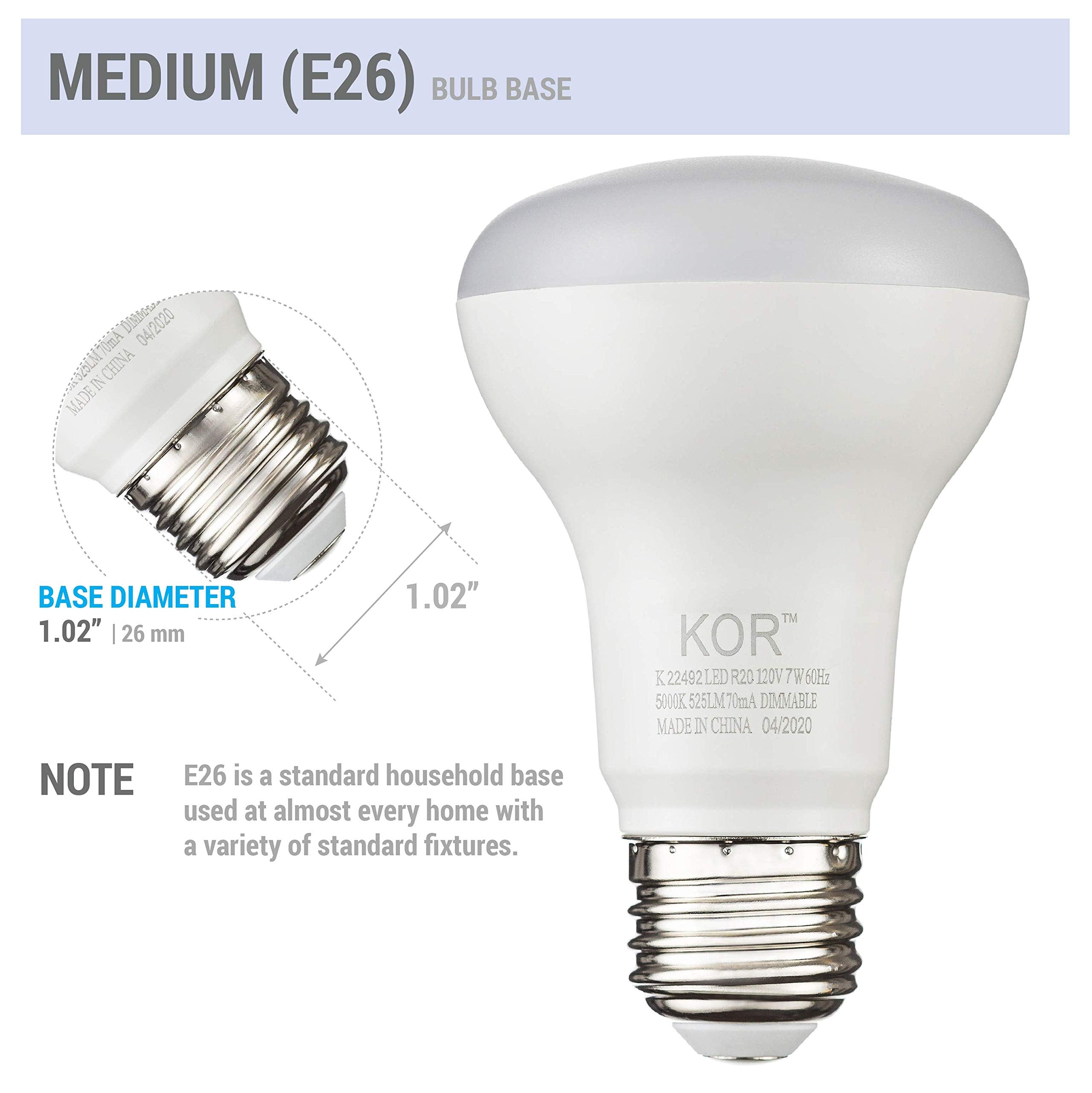 Kor (6 Pack) 7W Led R20 Reflector 5000K Bright White Light Bulb (50W Equivalent), Dimmable, 525 Lumens, Standard E26 Base, Br20