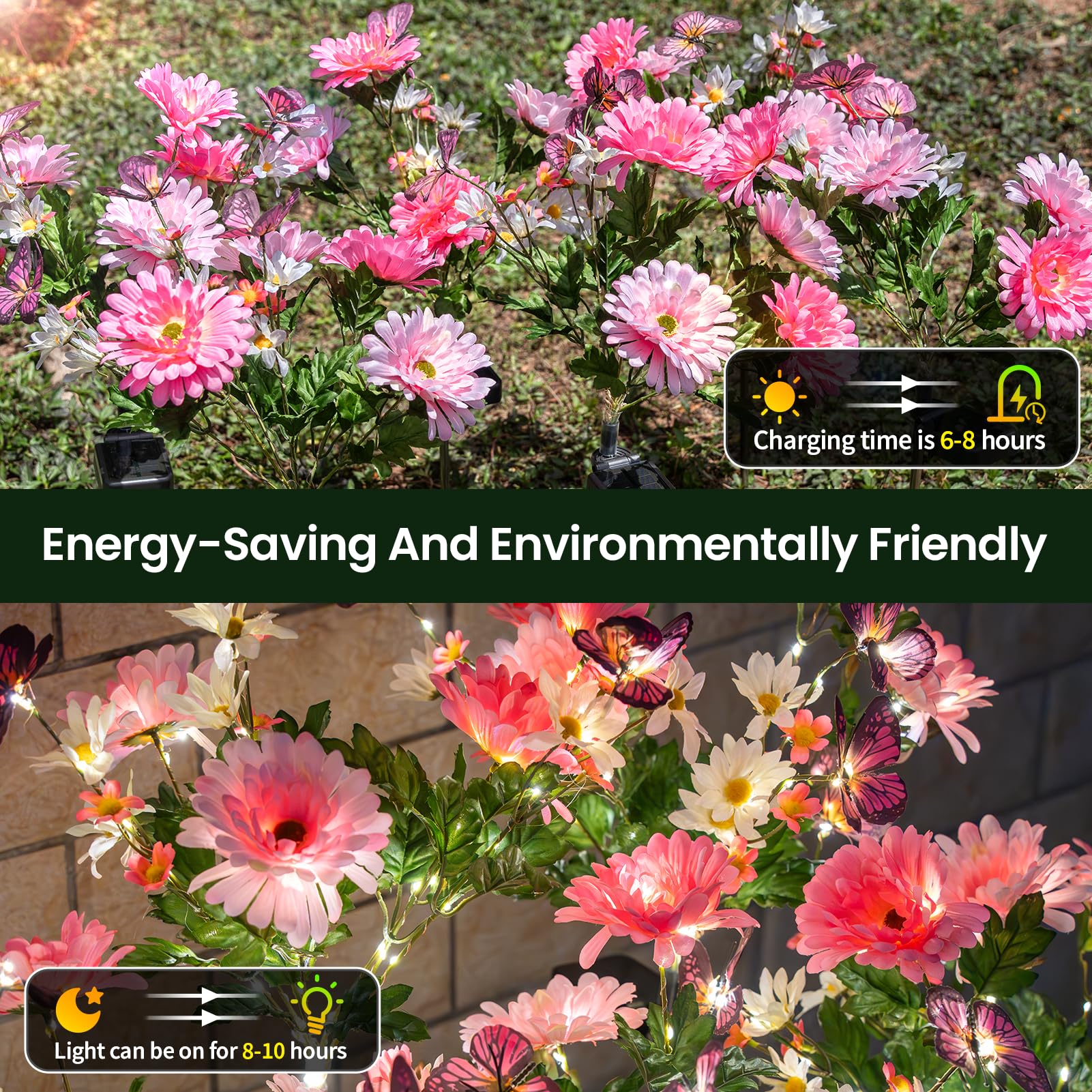 Topvelo Solar Garden Light 4 Packs  120 Leds Outdoor Solar Lighting With Daisy And Butterfly  Waterproof Outdoor Garden Light For Patio  Courtyard  Pathway Decoration (Pink)
