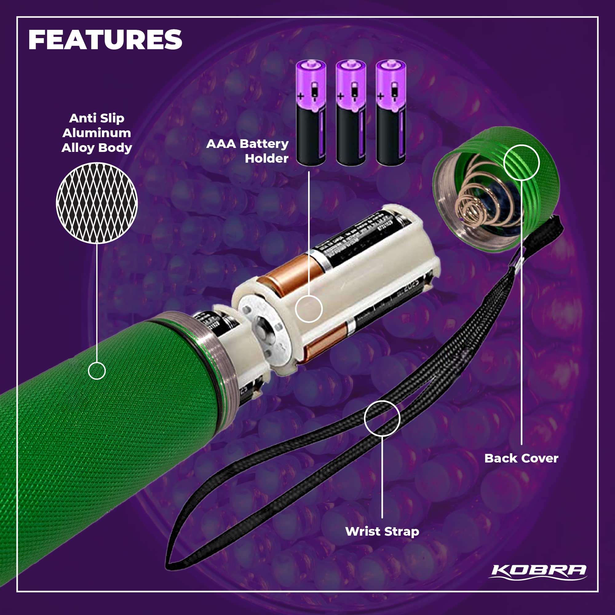 KOBRA Black Light Flashlight 100 LED Lamp, 18W Ultra Intensity, Green, Model BLFL-PRNT, Ideal for Home & Hotel Inspection