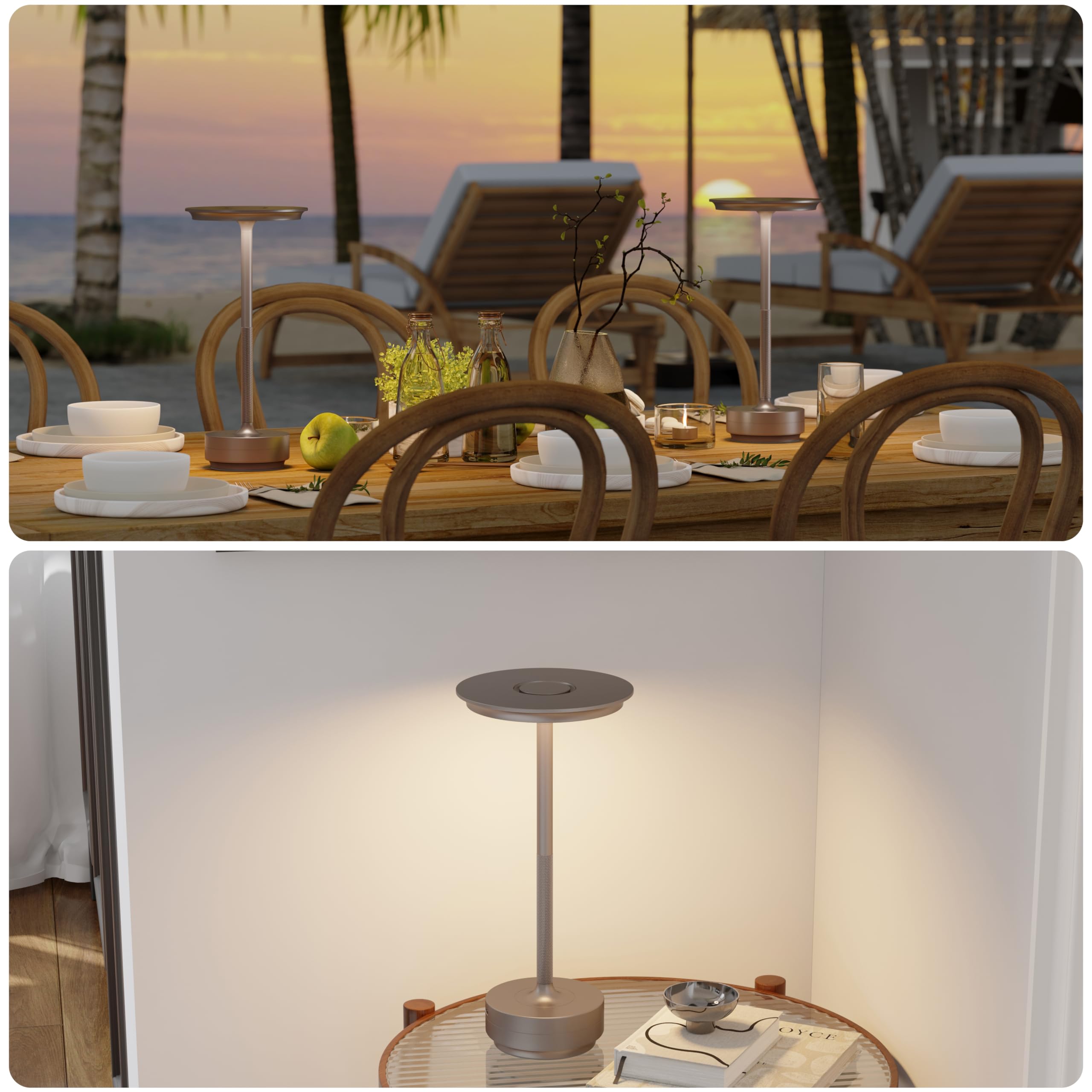 TBBGA Rechargeable Table Lamp, 5000mAh, 3 Color Dimming, Aluminum, Champagne Gold, Model T106C