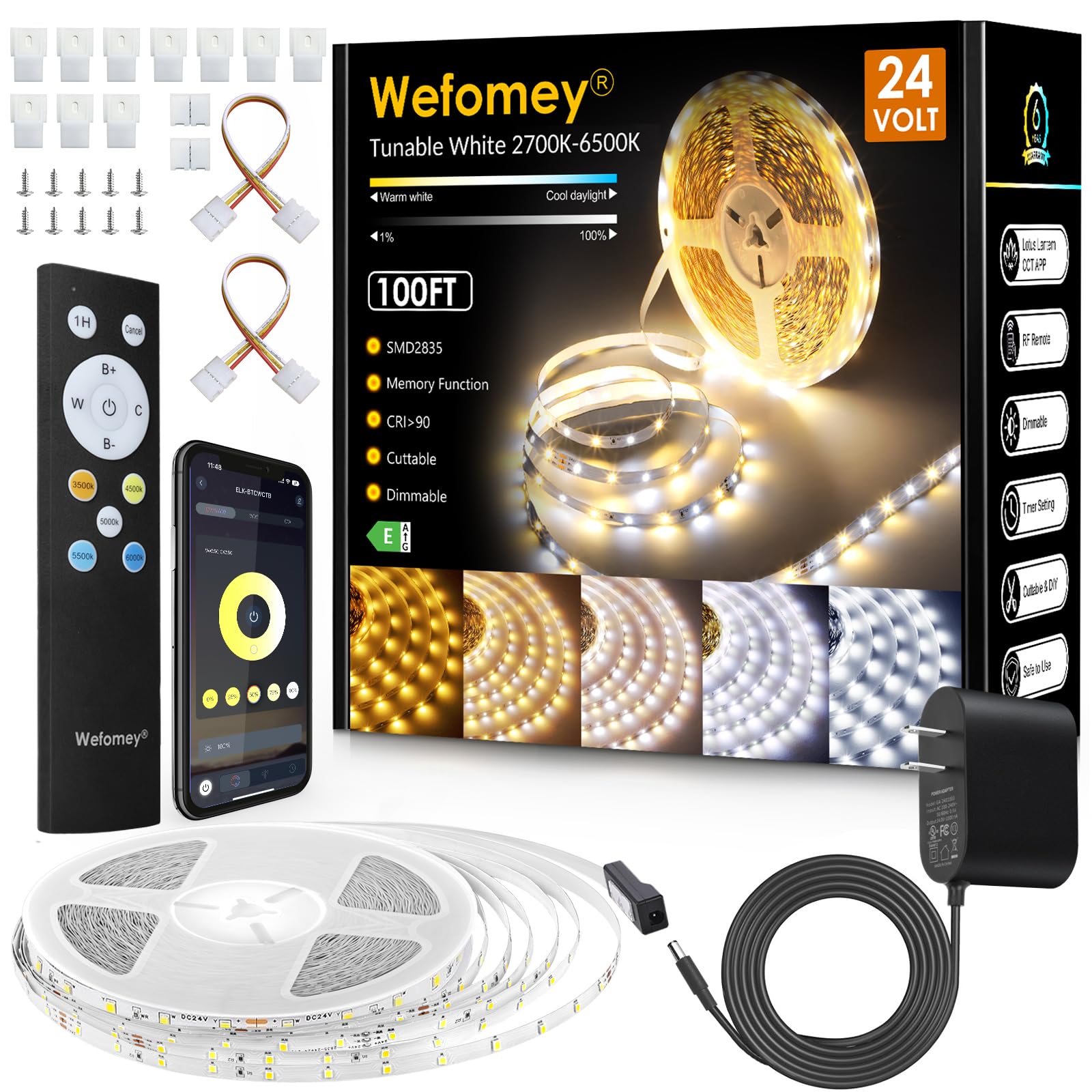 Wefomey LED Strip Lights, 100ft Dimmable 2700K-6500K, 1440 LEDs, Flexible Tape Lights for Living Room, Bedroom, Kitchen, Model US
