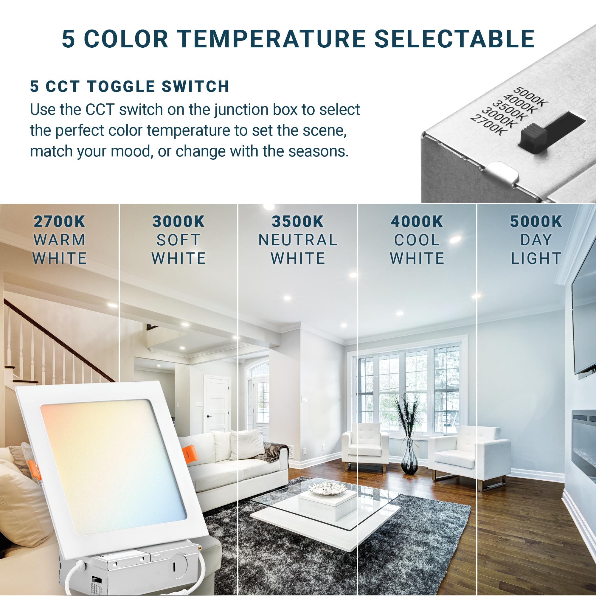 Parmida LED 6 Pack 6 Inch Ultra Thin Recessed Lighting, 5CCT Dimmable, 12W, IC Rated, 5000K-2700K Color Select