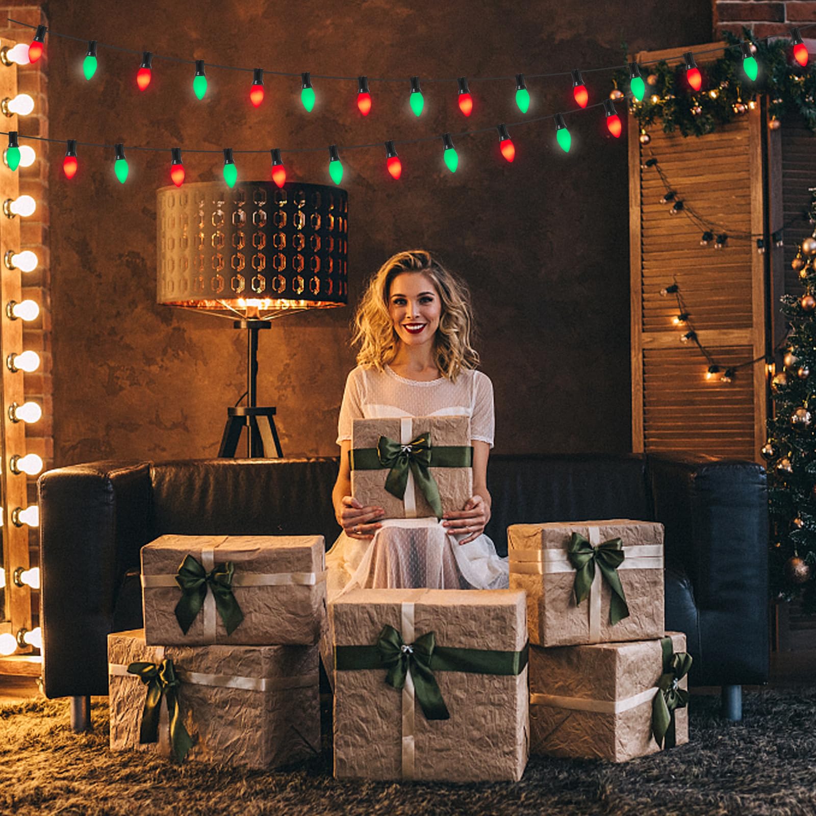 C7 Led Christmas Lights, 25Ft Outdoor Multicolor String Lights With 27 Red Green Led Bulbs, Connectable Indoor Outdoor Christmas