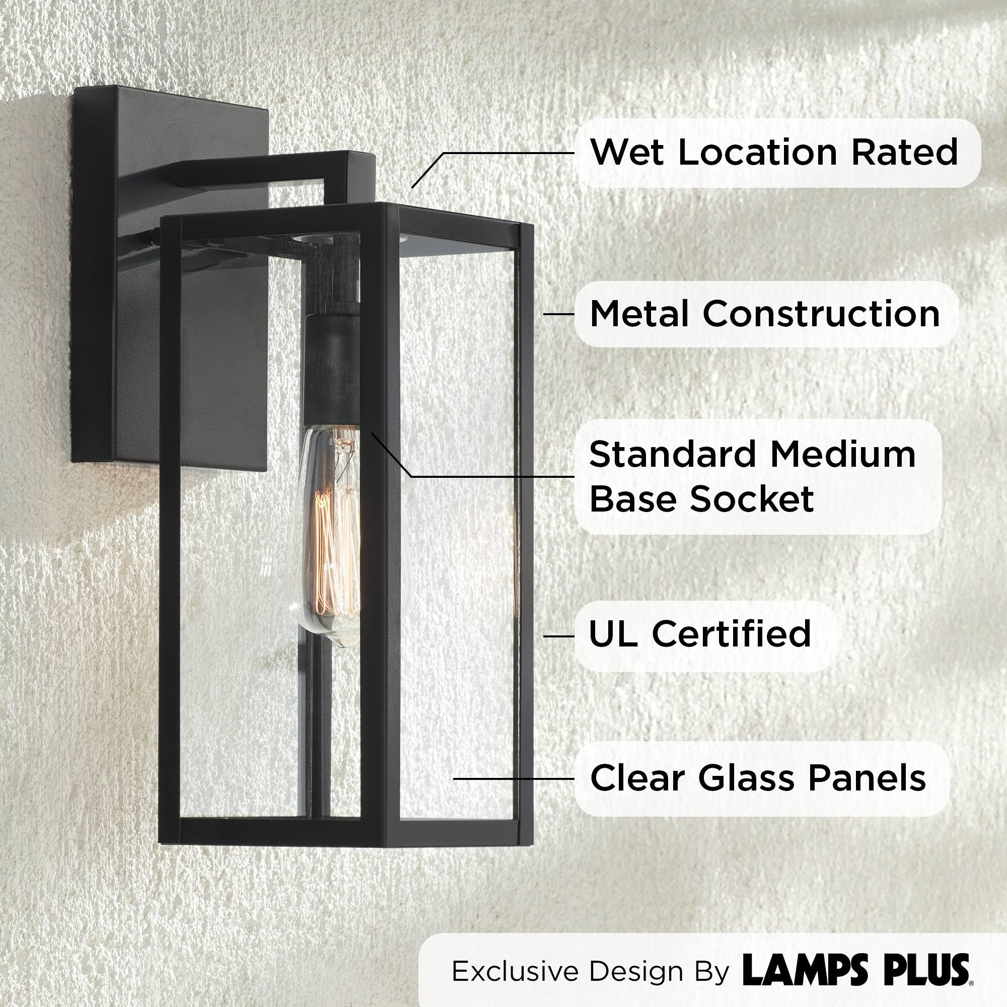 John Timberland Outdoor Wall Lights Set of 2, 14in Clear Glass, Black Metal, Damp Rated for Porch, Patio, Garage, Front Door