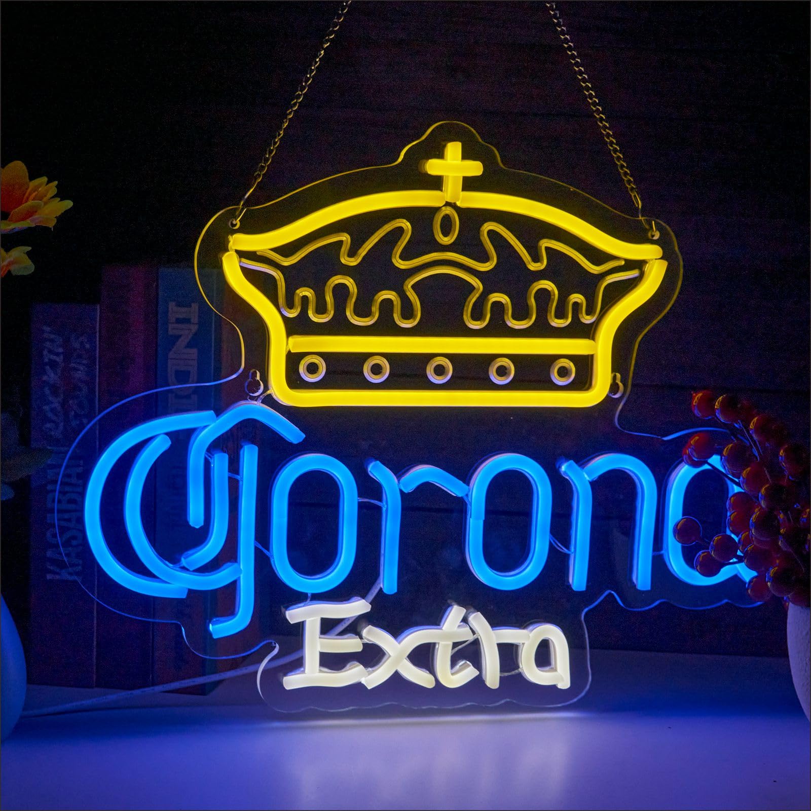 WanliNeon Neon Sign Light - Dimmable LED Crown malt-inspired Decor for Bar, Man Cave, 16.1inx12.6in, Yellow + Blue