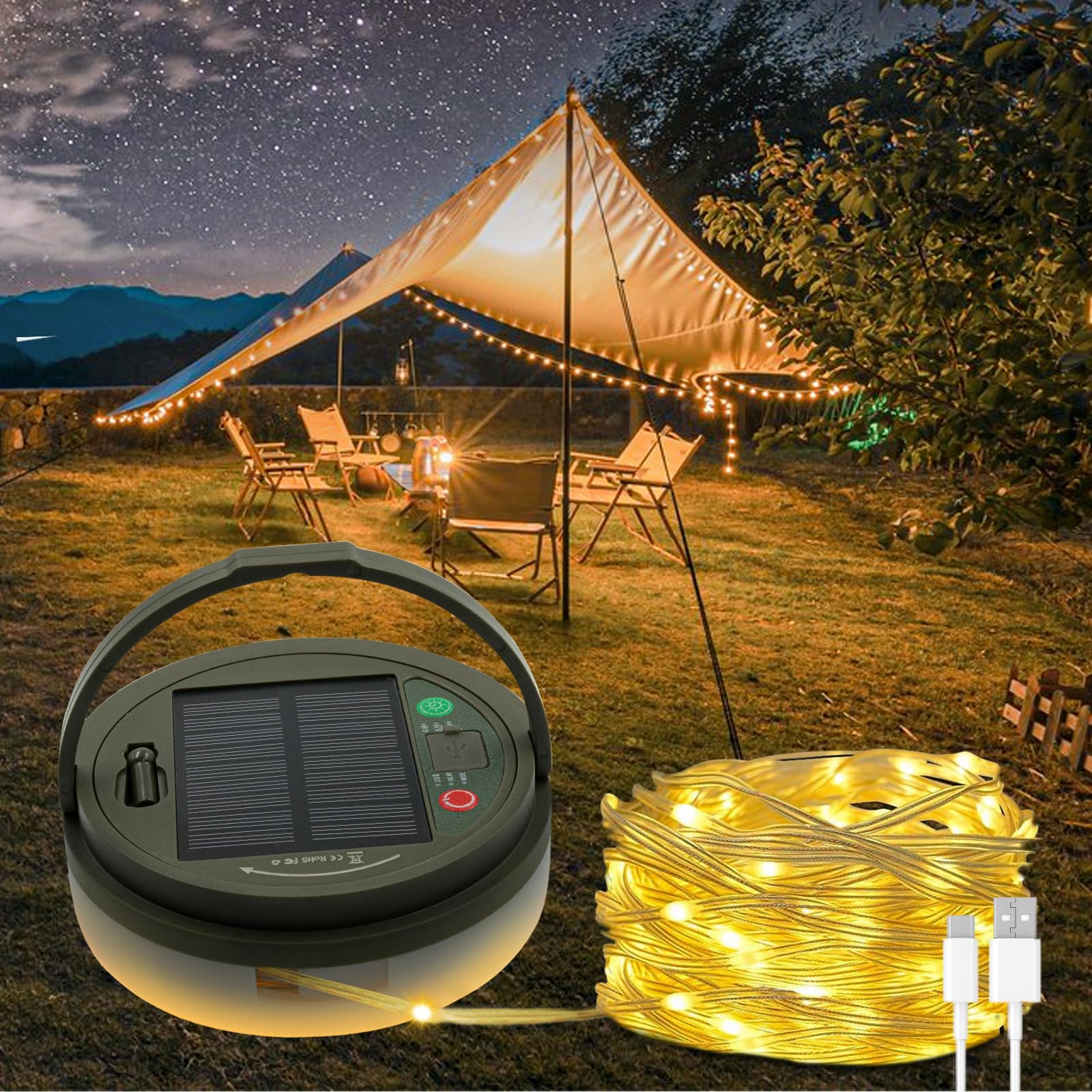 TuoPuLife Solar Camping String Lights, 32.8FT Fairy String Lights 130LEDs, Portable Waterproof Camping Lamp with 8 Lighting Mode