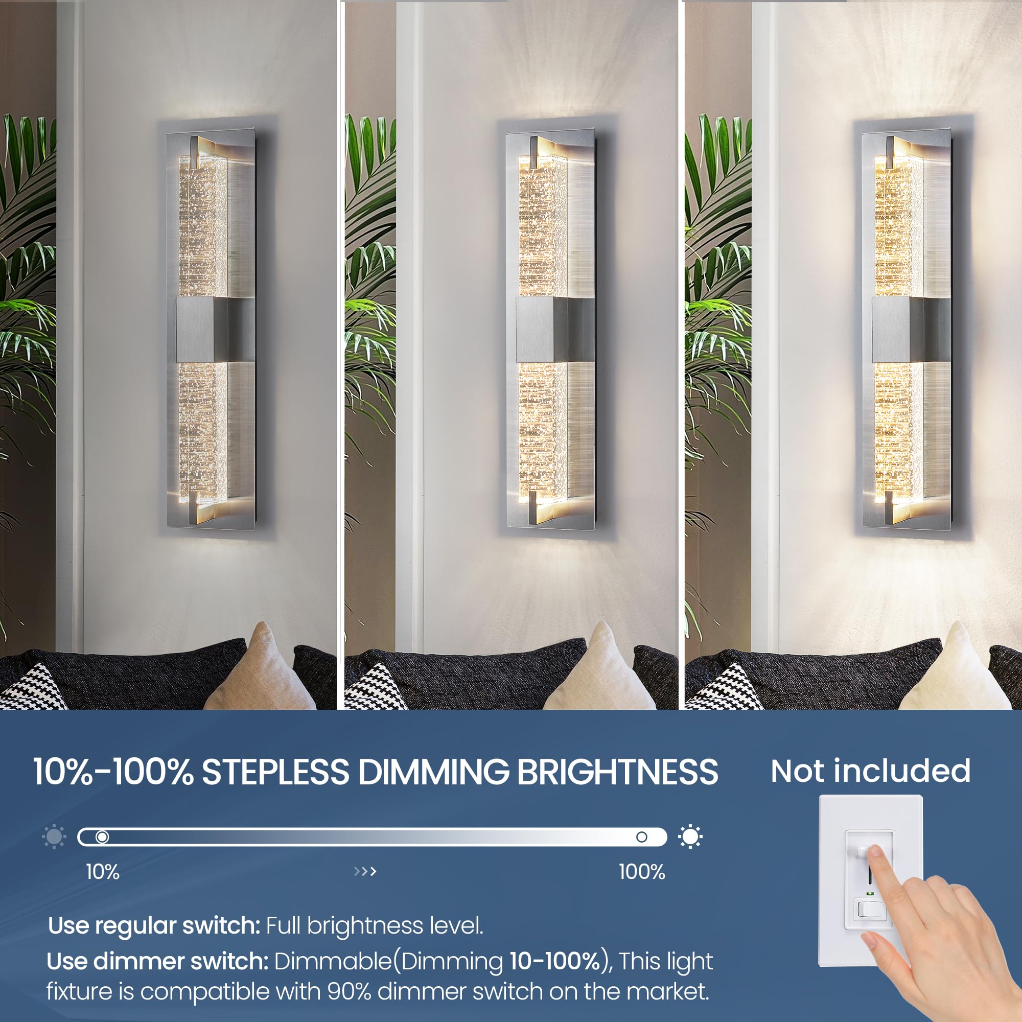 WOSHITU LED Wall Sconce Light - 19 Inch Nickel Modern Dimmable Crystal Fixture for Indoor Bathroom, Living Room, Bedroom, Hallway