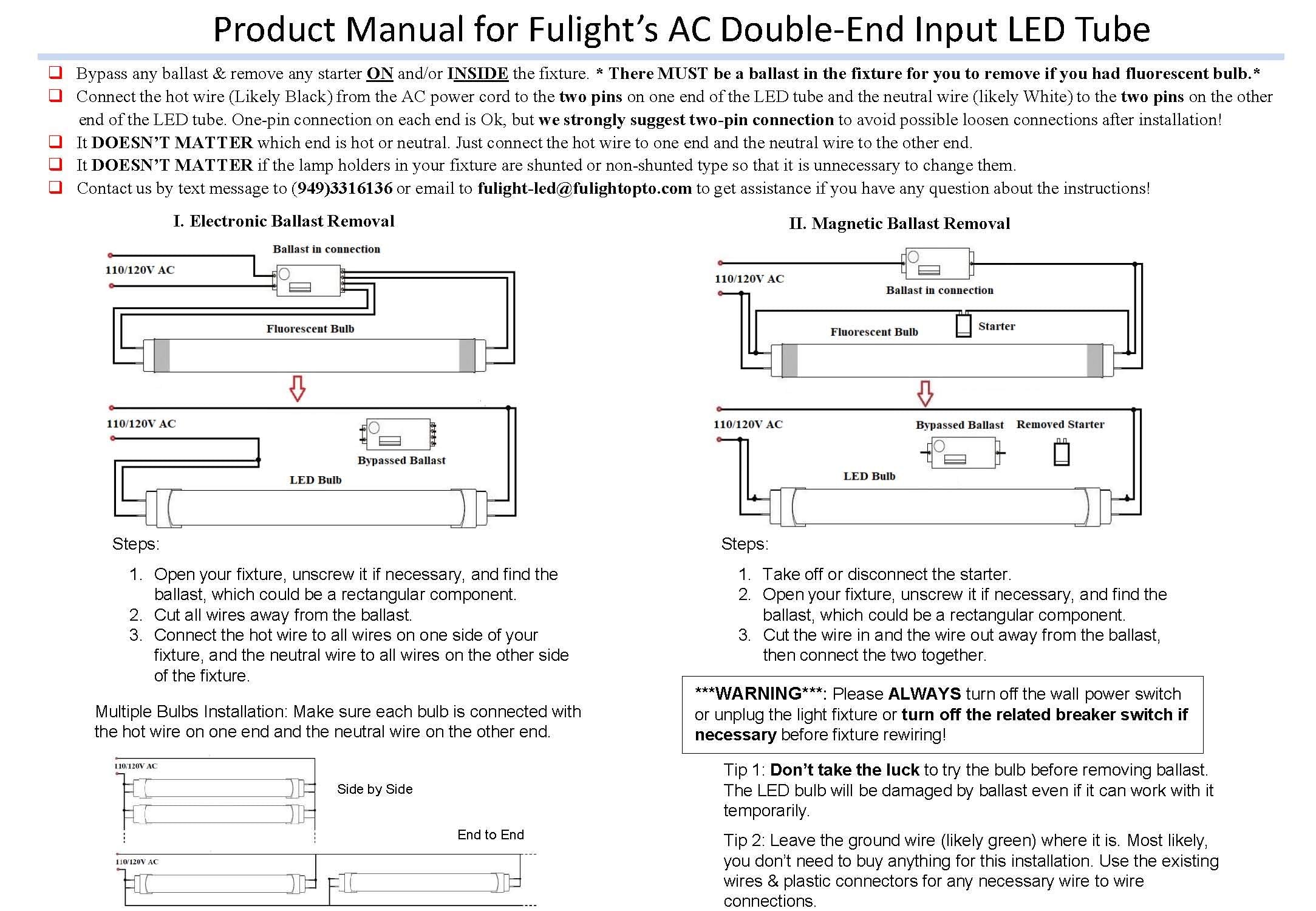 Fulight T8 LED Tube Light - 4FT, 18W, UV Blacklight, Clear, Model BL-T8-18W, Double-End Powered, 390-395nm, Diameter