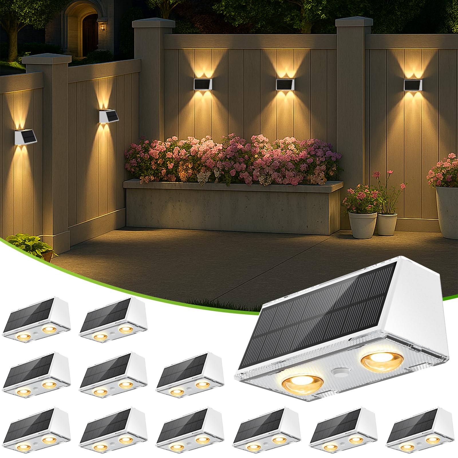 LANSOW Solar Fence Lights 12 Pack, Waterproof Up-Down LED, 9-Mode Warm/Cool White & RGB, Dusk to Dawn, White